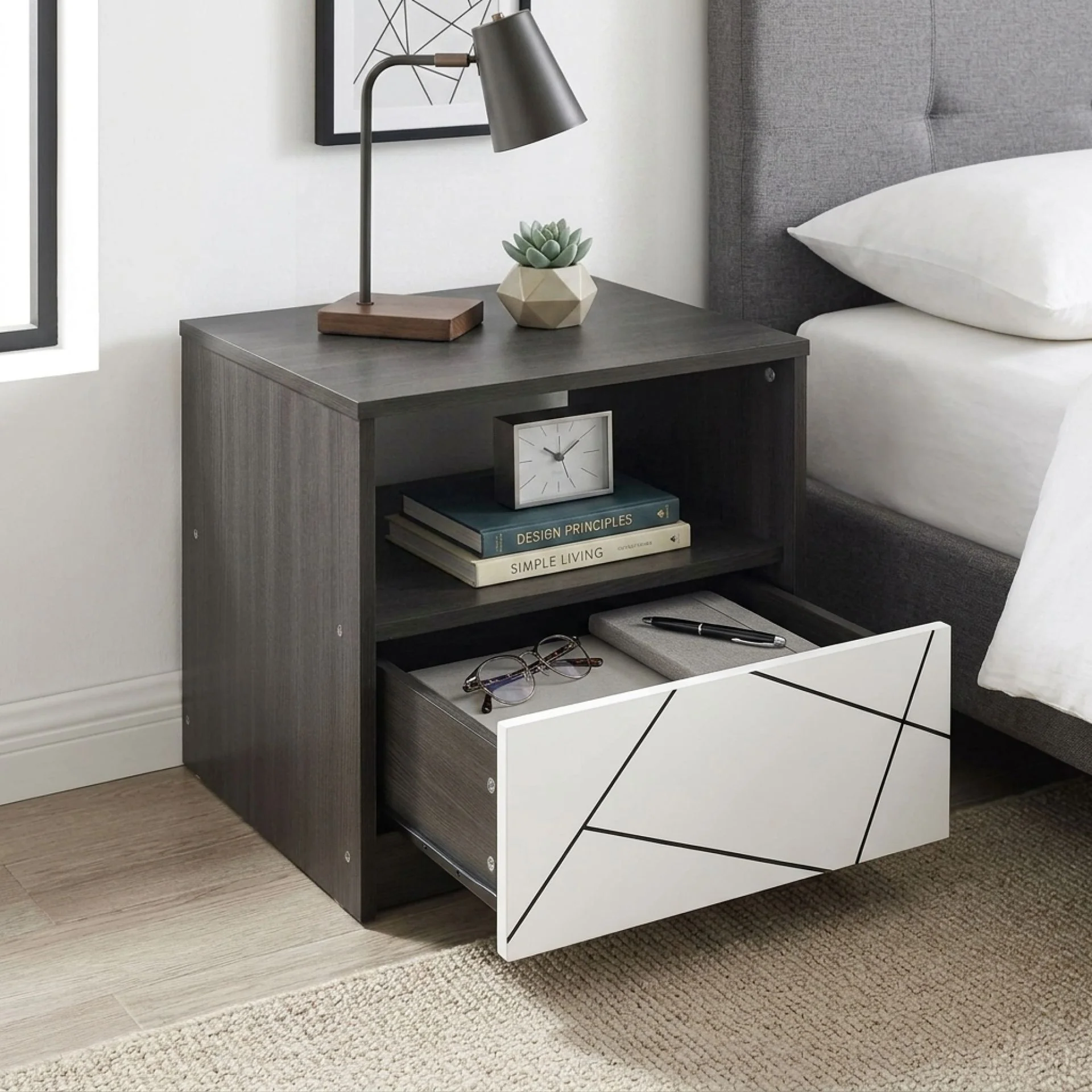 Dustin Bedside Table - Oak Grey + White - Image 2