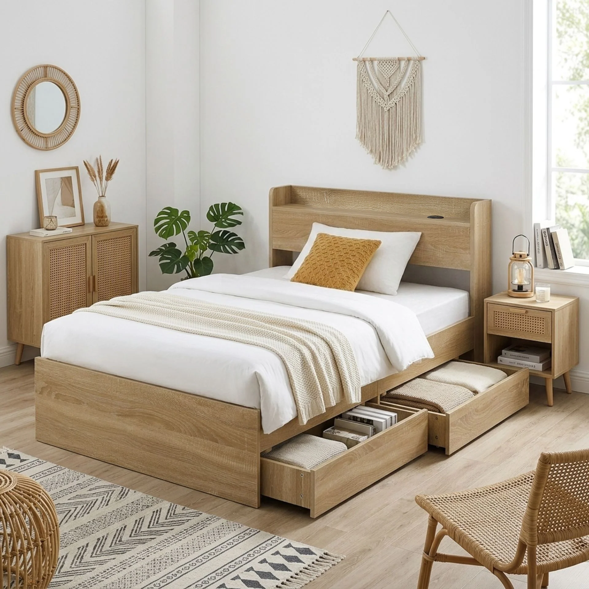 Elda King Single Bed Frame with USB Port & Drawers - Natural
