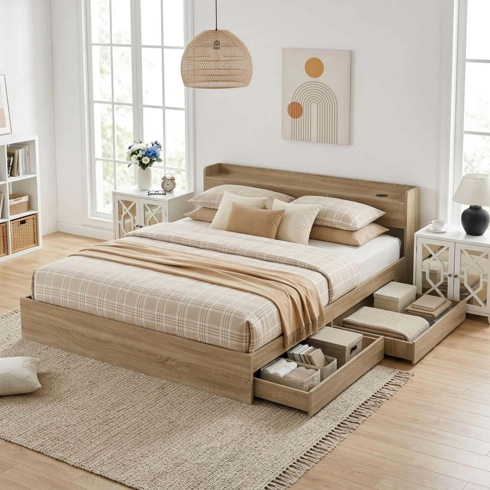Elda Super King Bed Frame with USB Port & Drawers - Natural