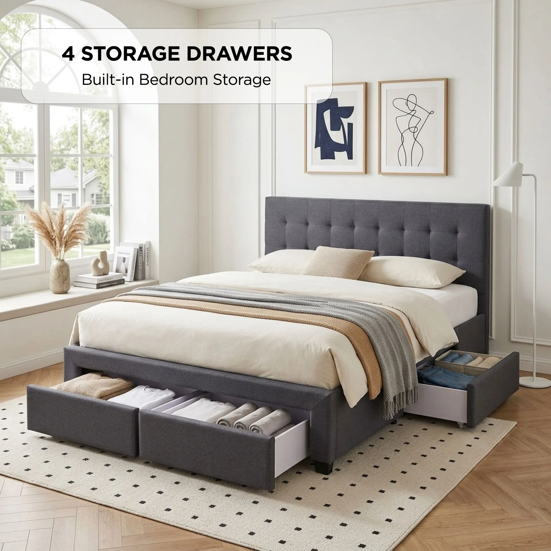 Eleanor Double Bed Frame with 4 Drawers - Dark Grey - Image 2