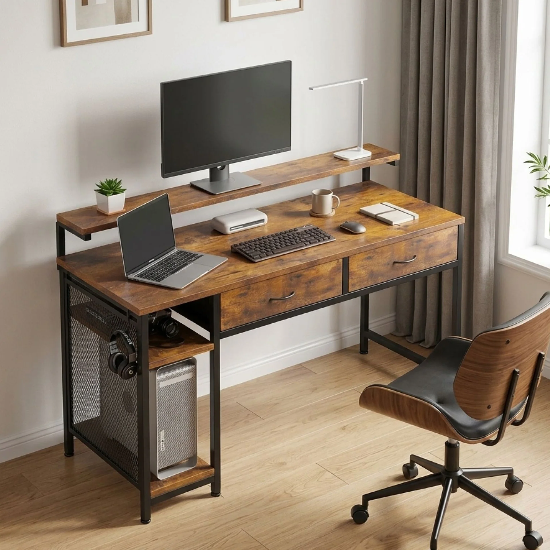 Emilio 138cm Computer Desk with 2 Drawers - Rustic Brown