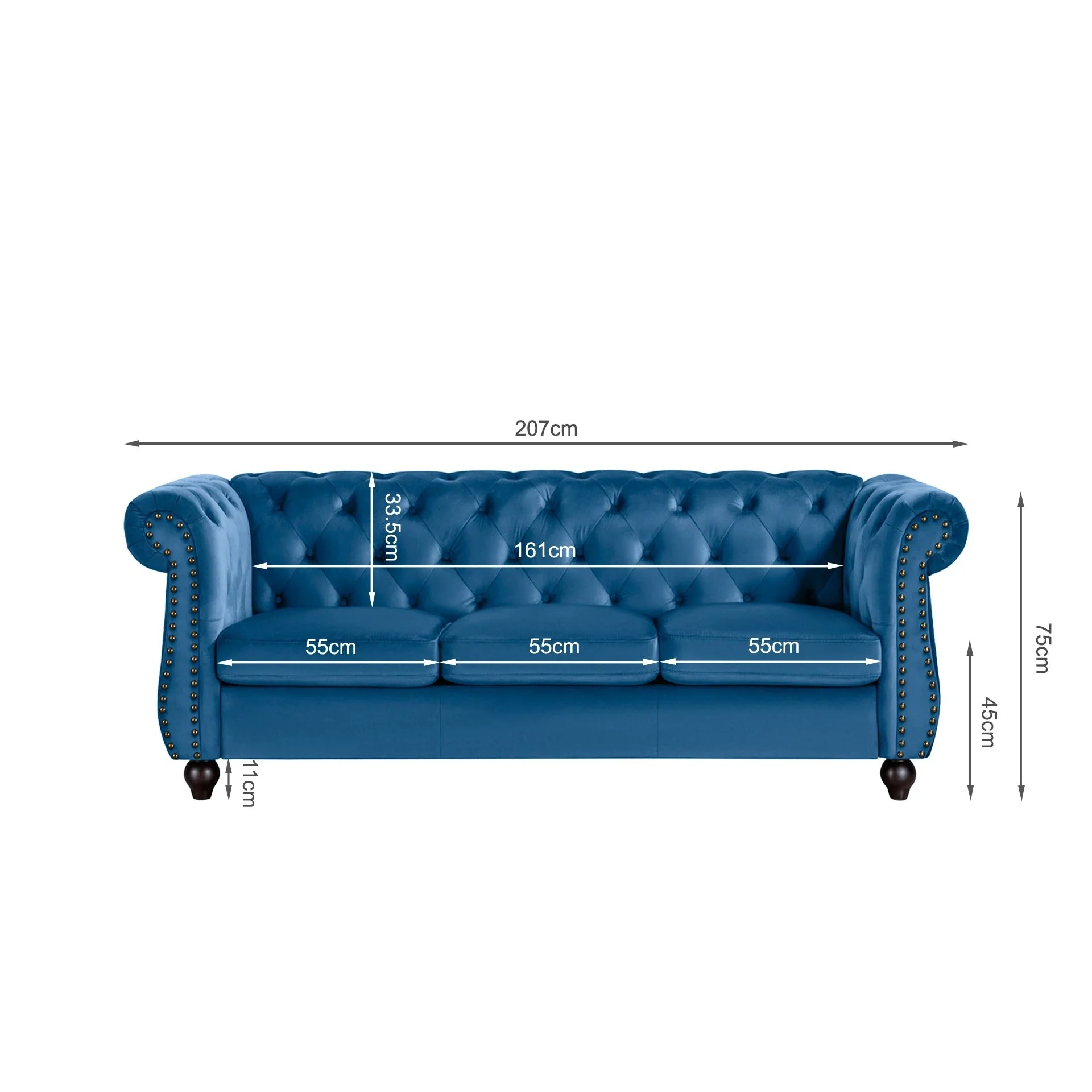 Emily Velvet 3 Seater Sofa – Dark Blue - Image 12