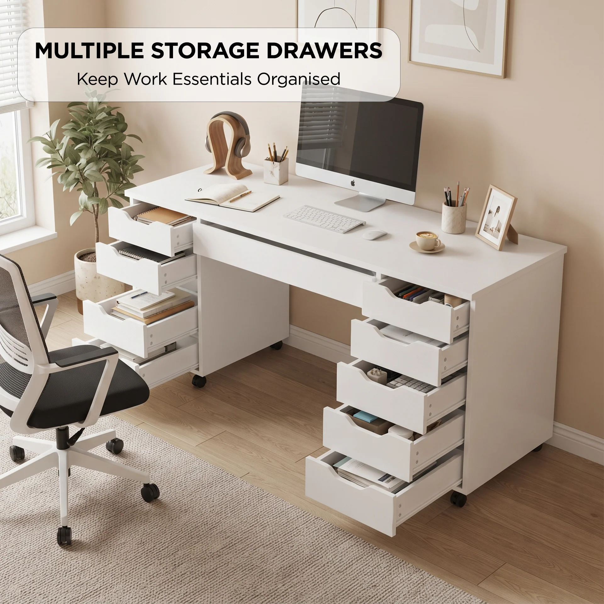 Ennova Rolling Computer Desk with Drawers - White - Image 2