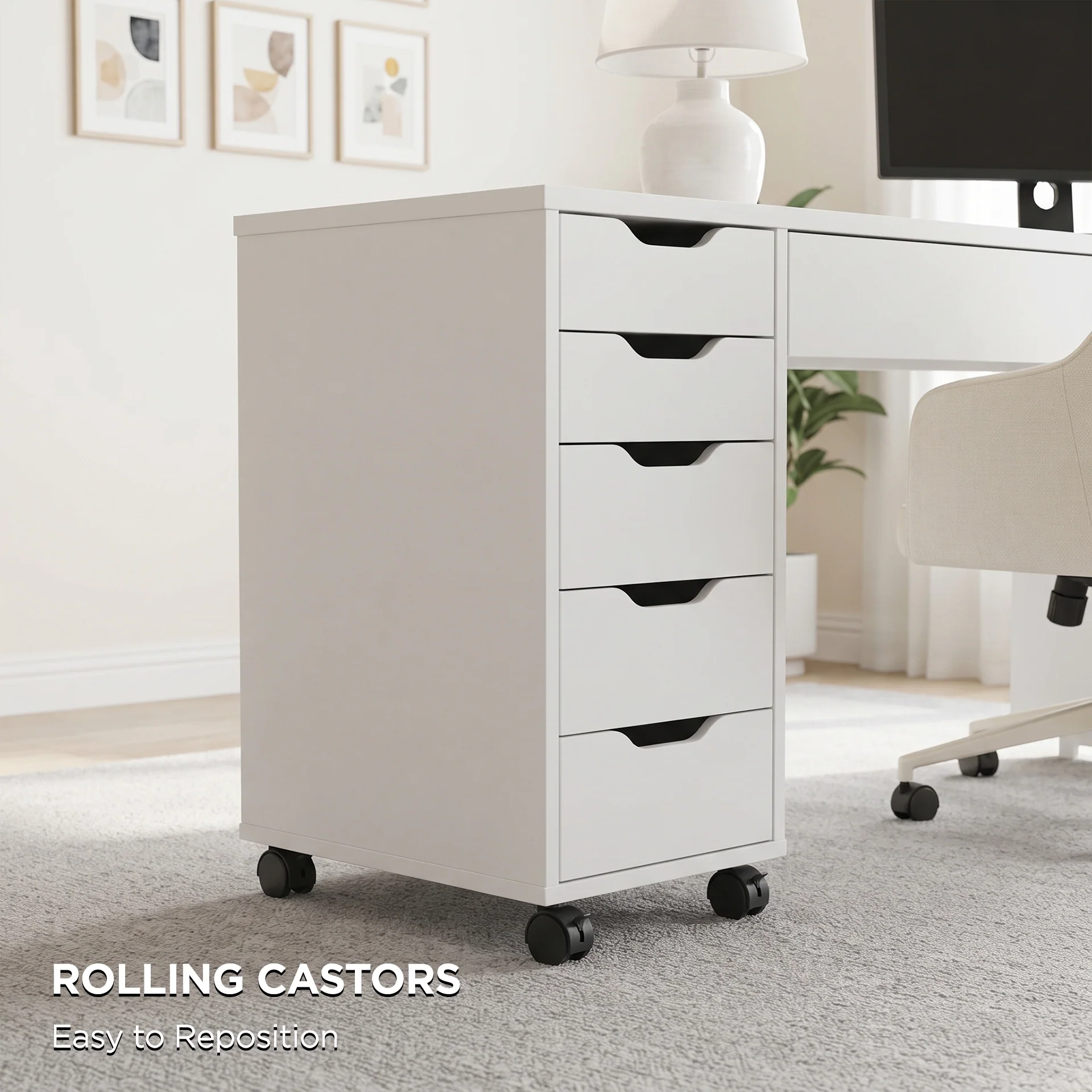 Ennova Rolling Computer Desk with Drawers - White - Image 6