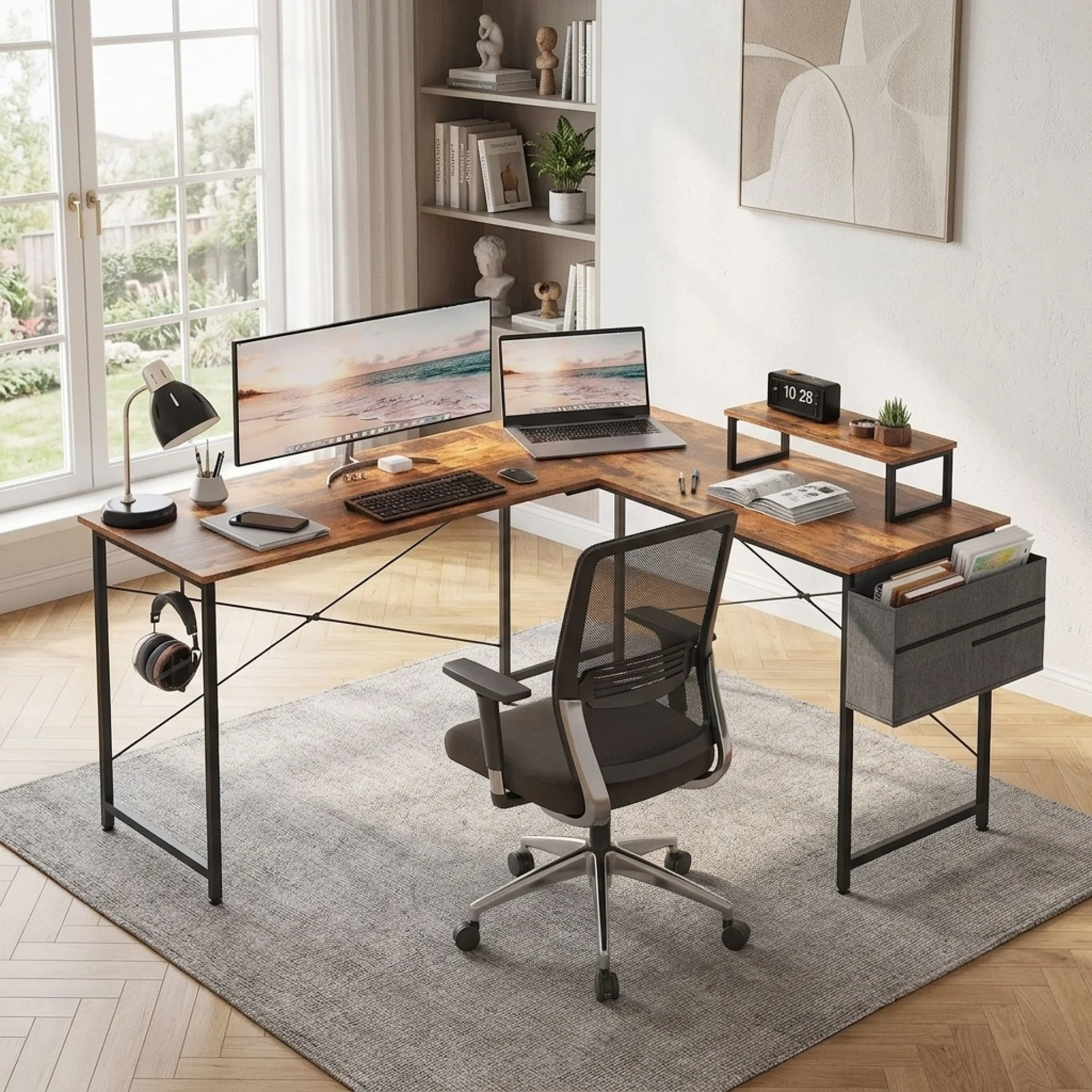 Felix Computer Corner Desk with Storage Bag - Rustic Brown - Image 2