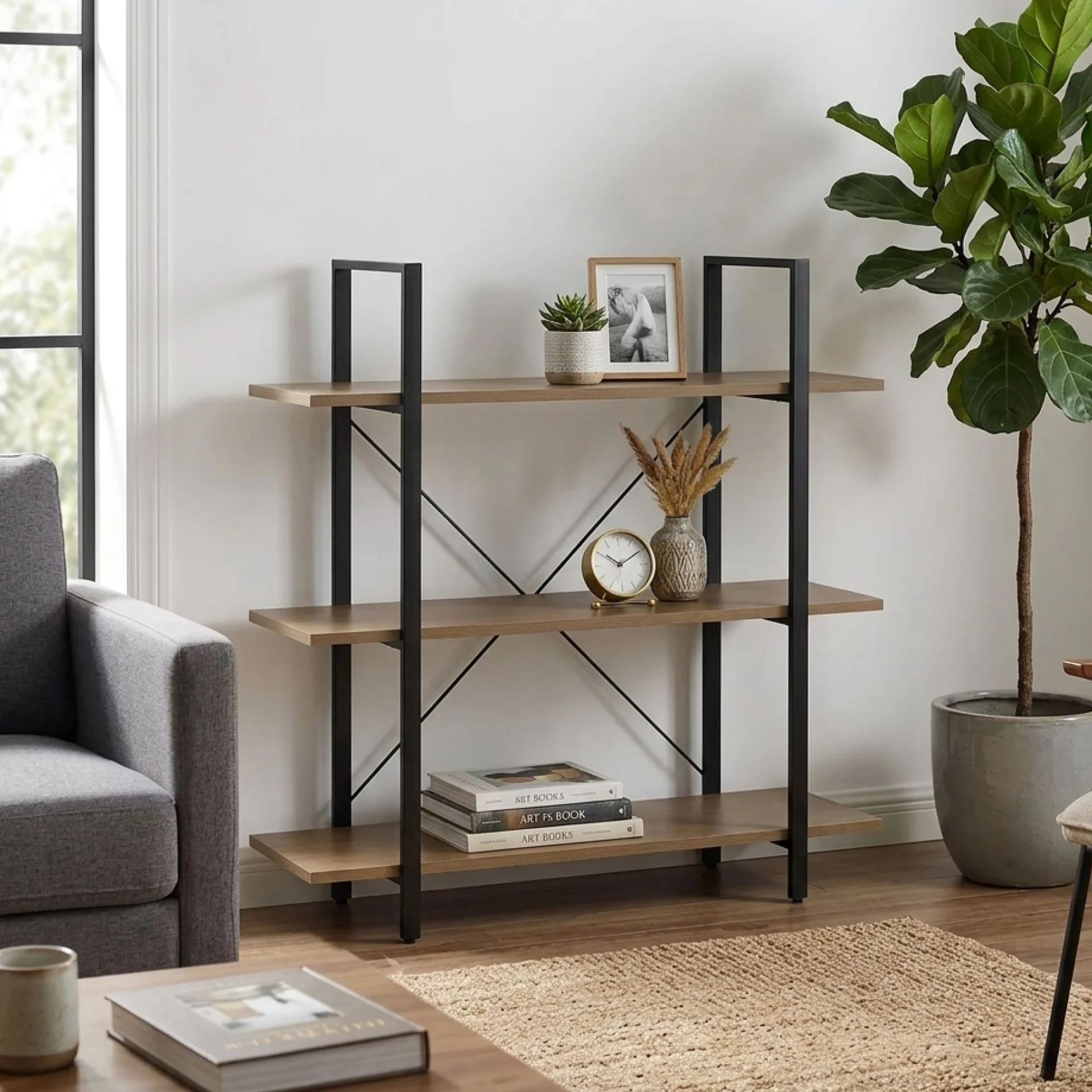 Forge 3 Tier Bookshelf - Light Grey Wood - Image 3