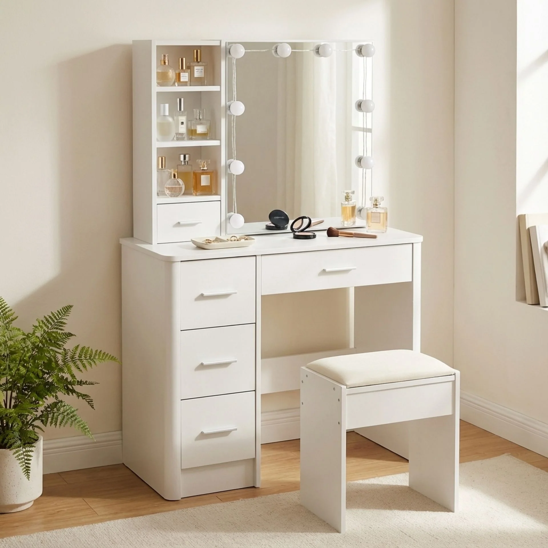 Freesia 2 Piece Dressing Table with Mirror & Stool Set - White - Image 7