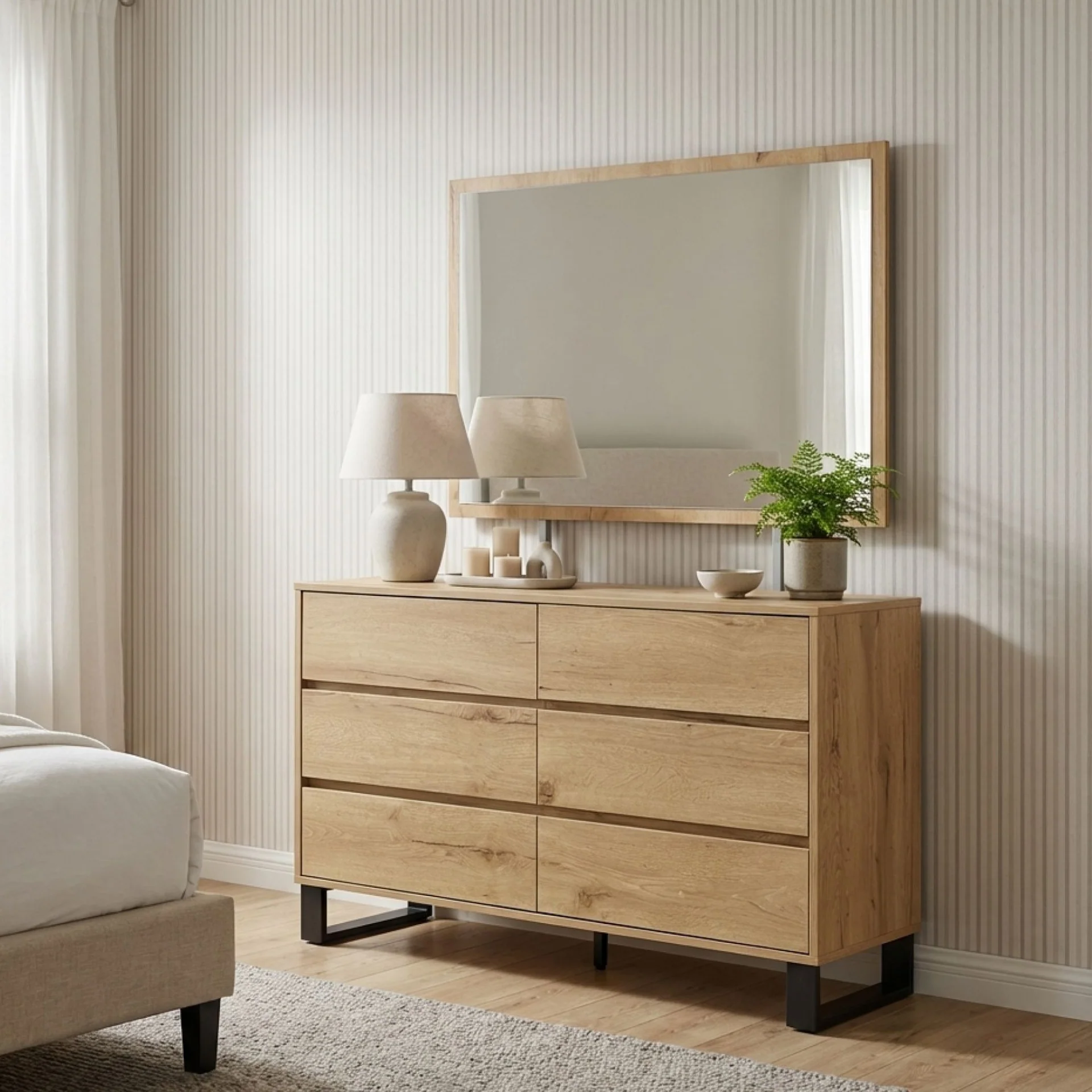 Frohna Low Boy 6 Drawers Chest Dresser with Mirror - Oak