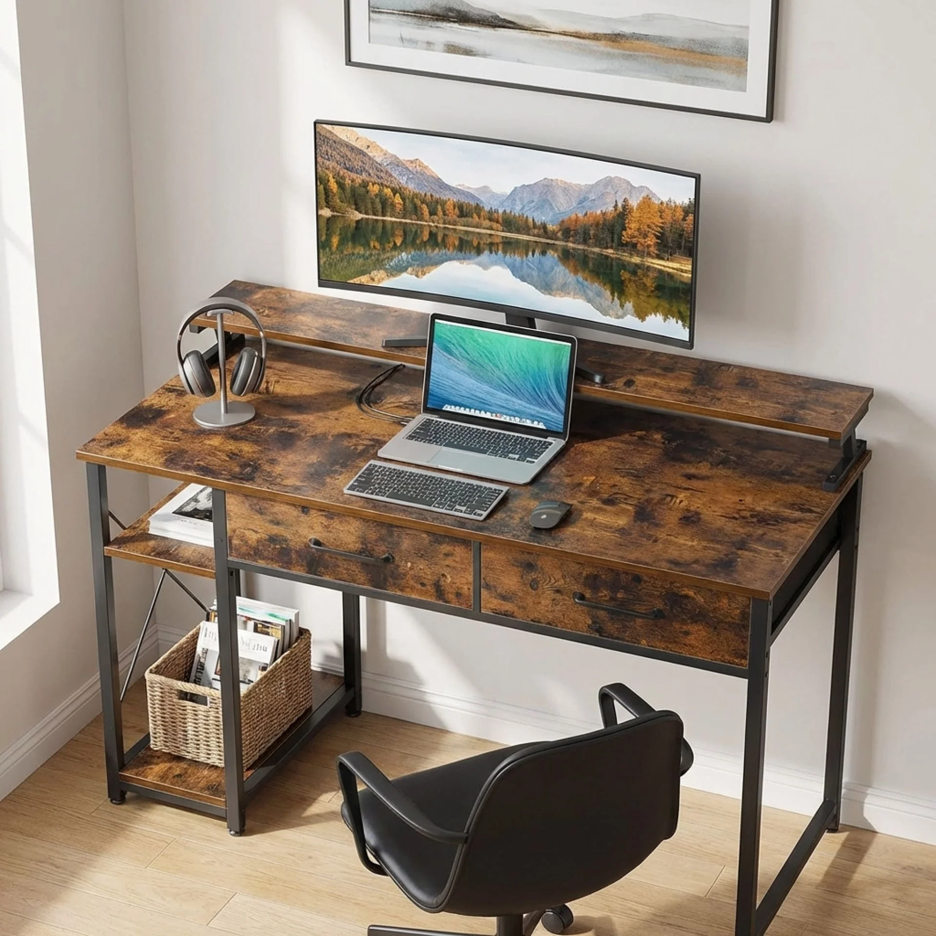 Gael 120cm Computer Desk with 2 Drawers - Rustic Brown - Image 2