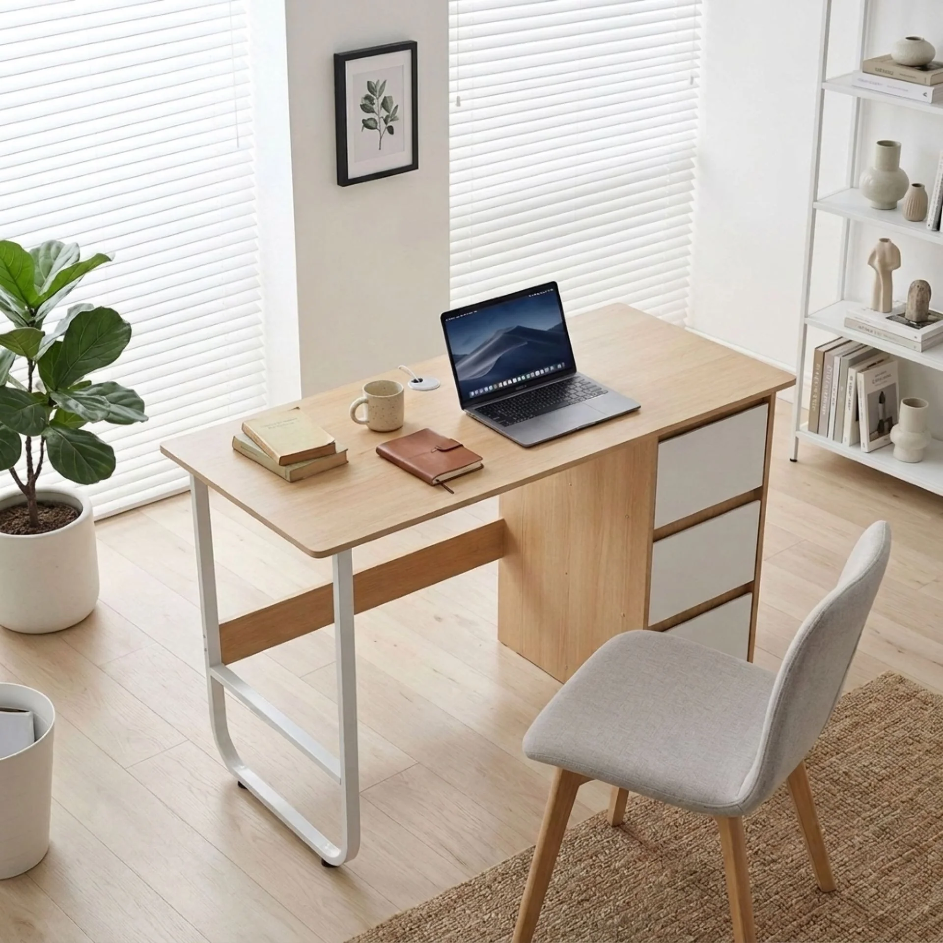Gavin 120cm Computer Desk with Drawers - Natural + White - Image 2