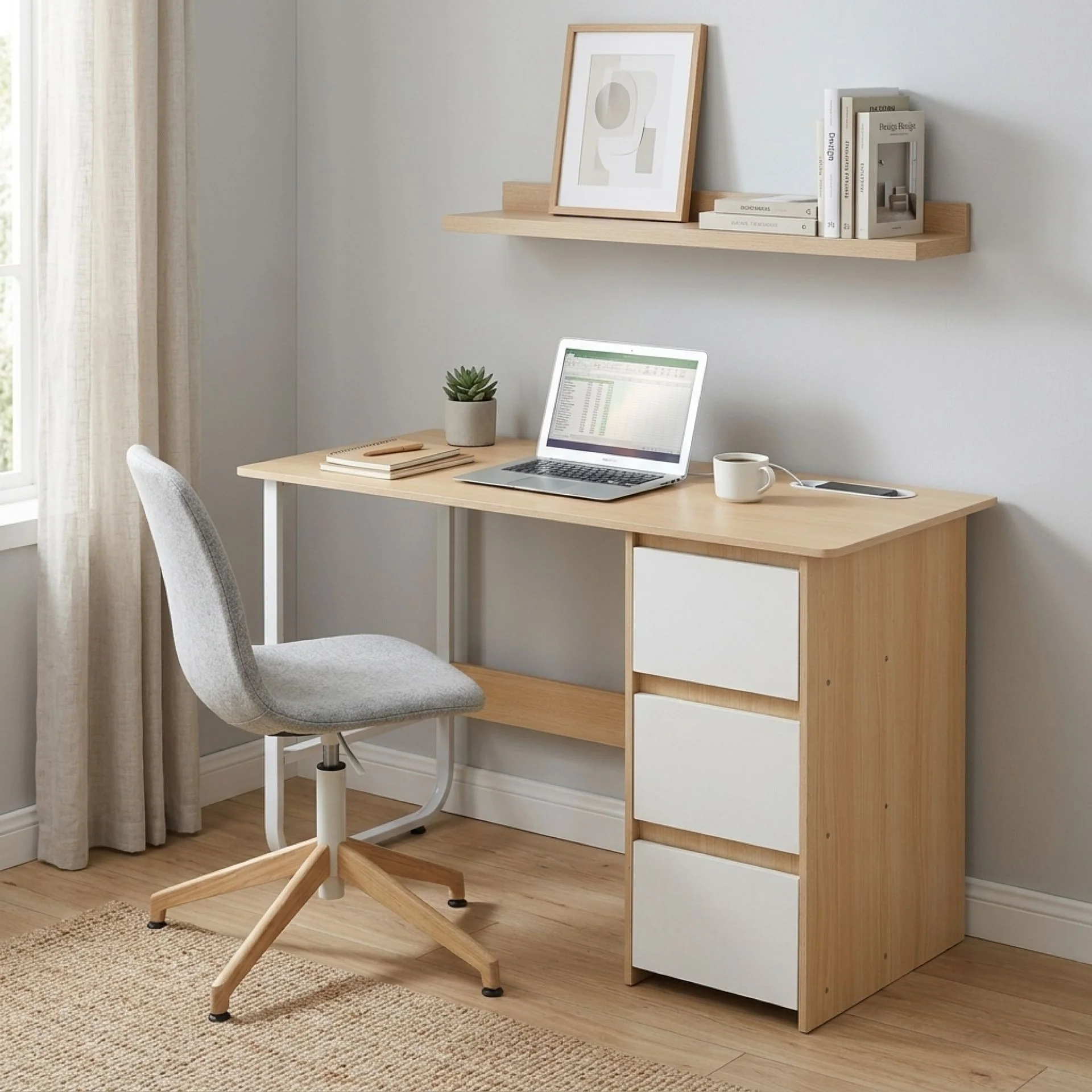 Gavin 120cm Computer Desk with Drawers - Natural + White - Image 3