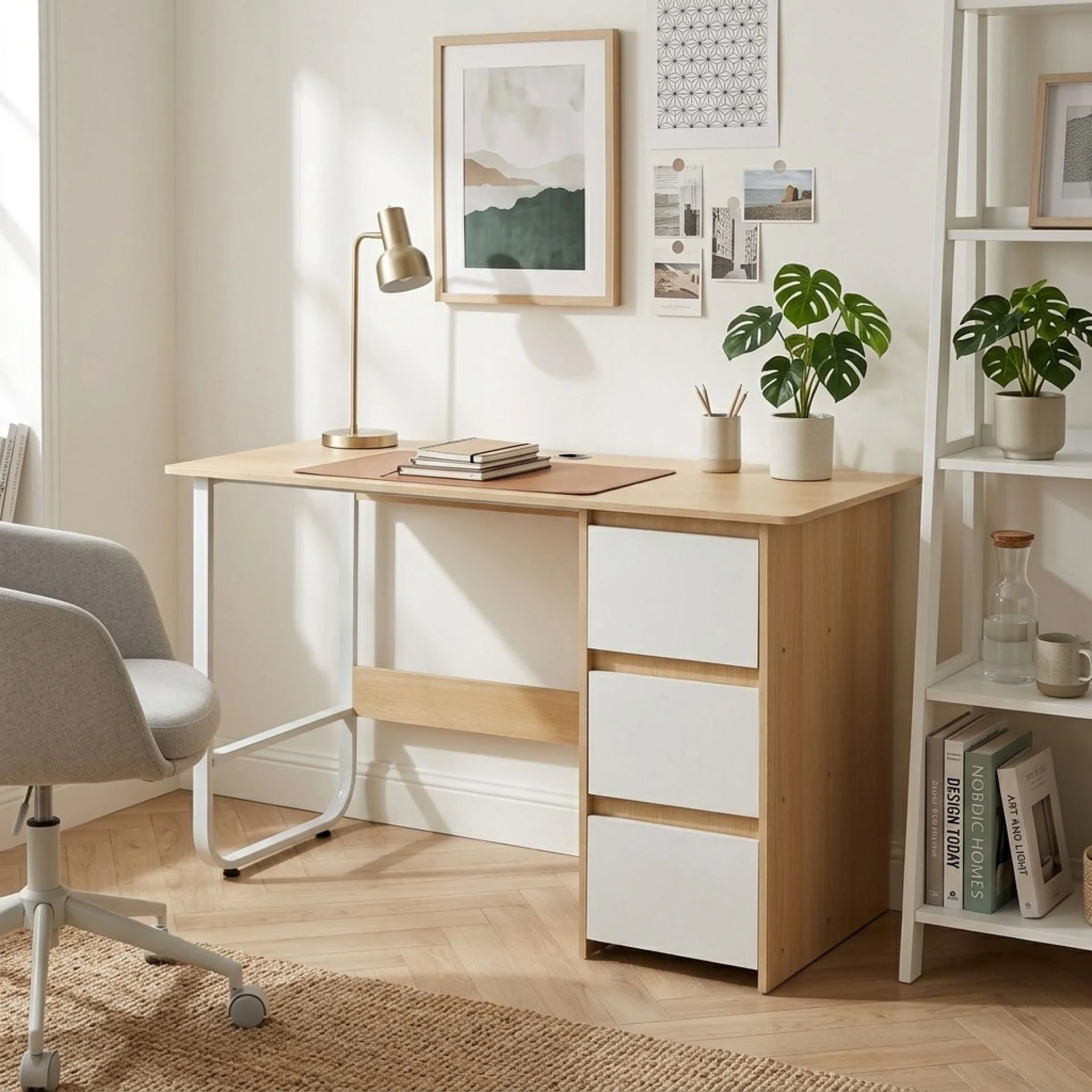 Gavin 120cm Computer Desk with Drawers - Natural + White - Image 4