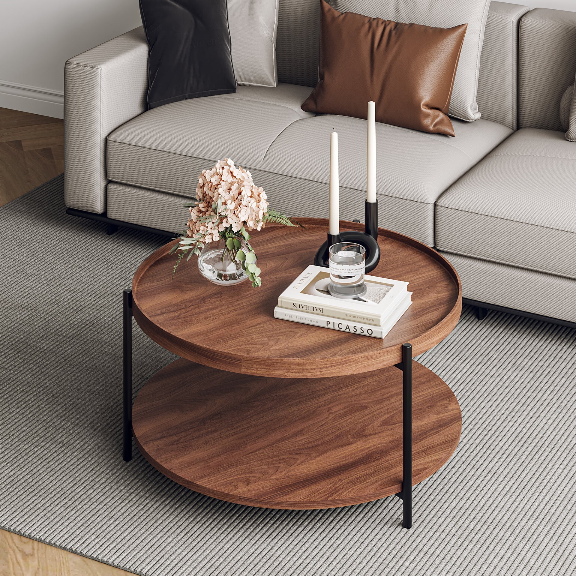 Gaylen Round Coffee Table 80cm - Brown + Black