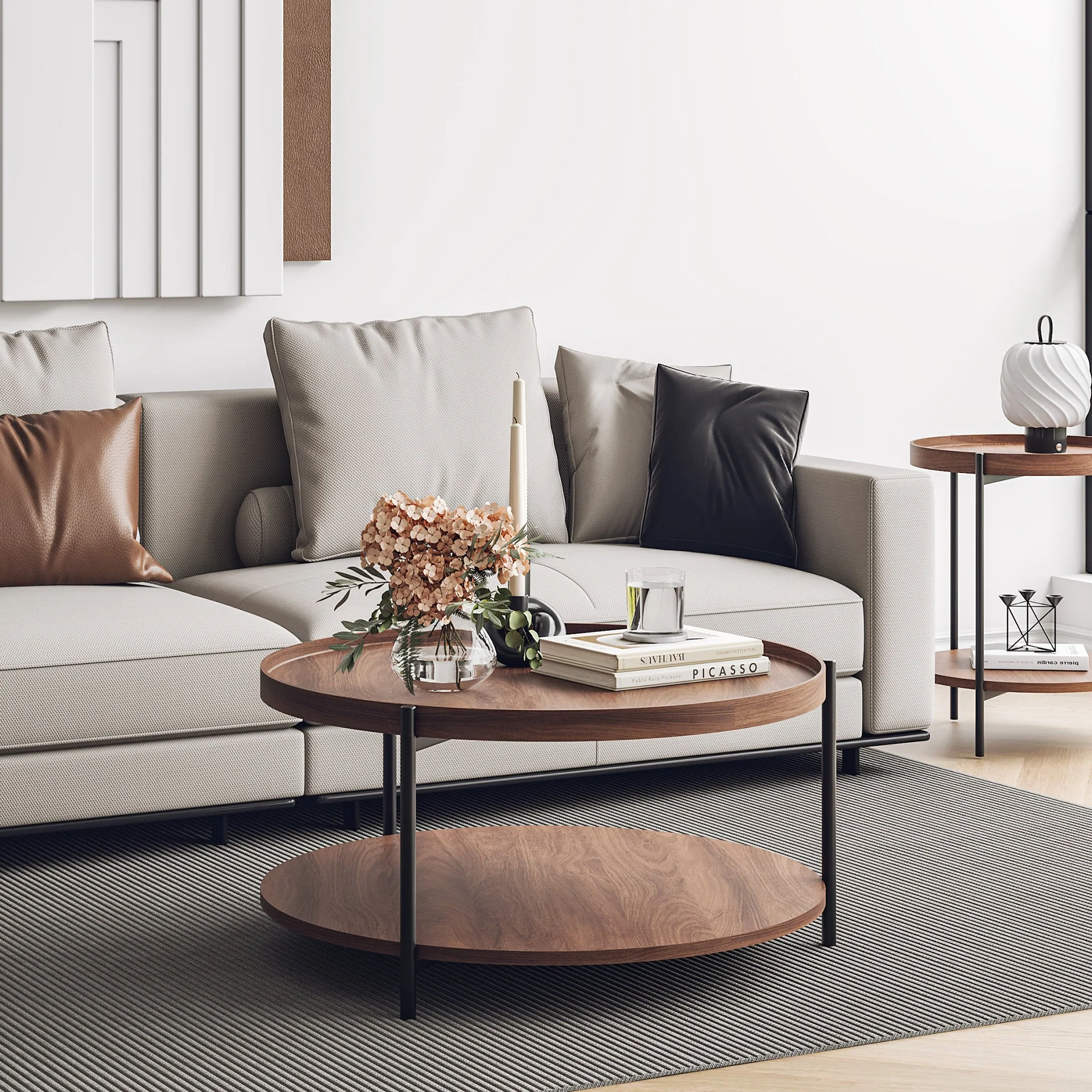 Gaylen Round Coffee Table 80cm - Brown + Black - Image 3
