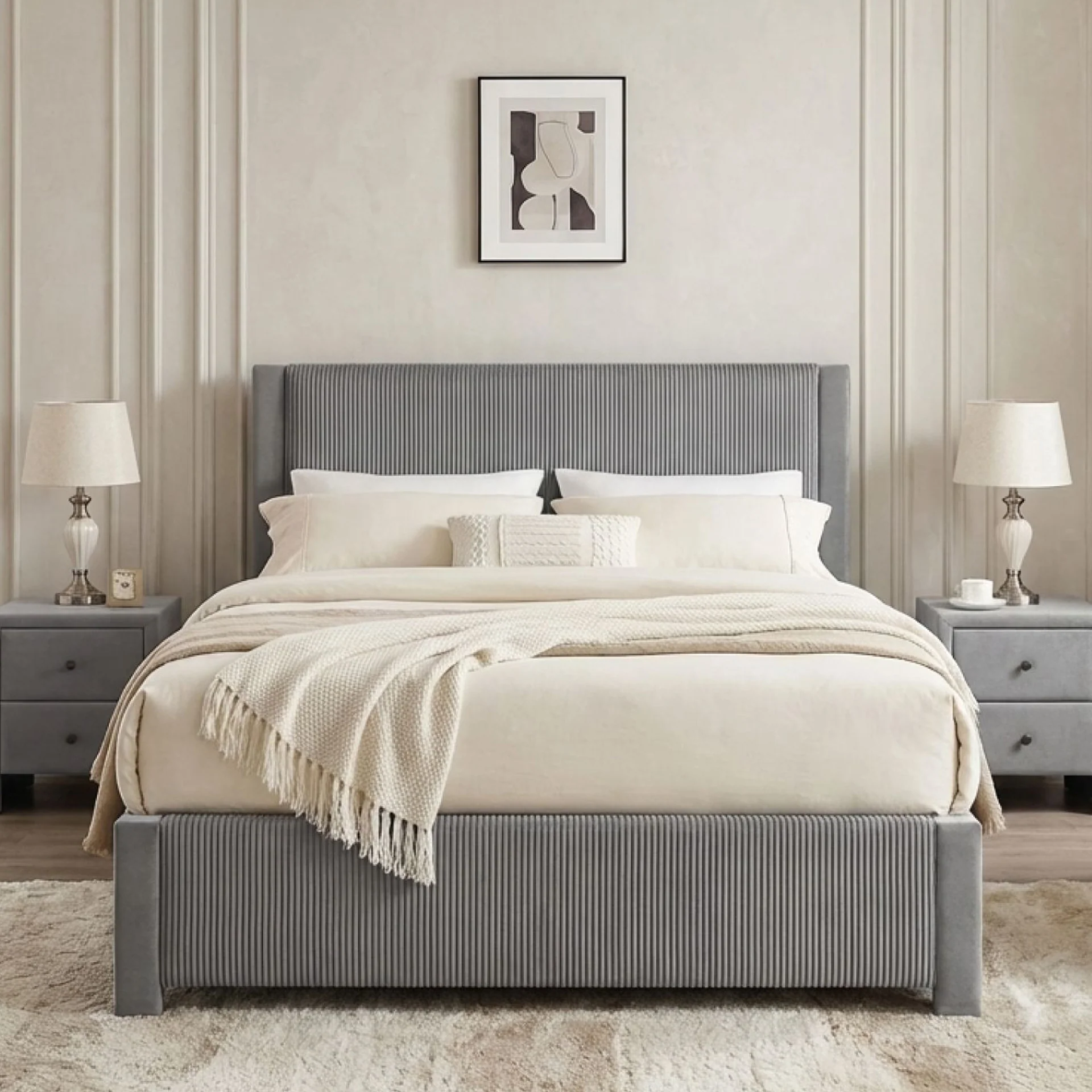 Gower Velvet Queen Bed Frame with 4 Drawers - Grey - Image 4