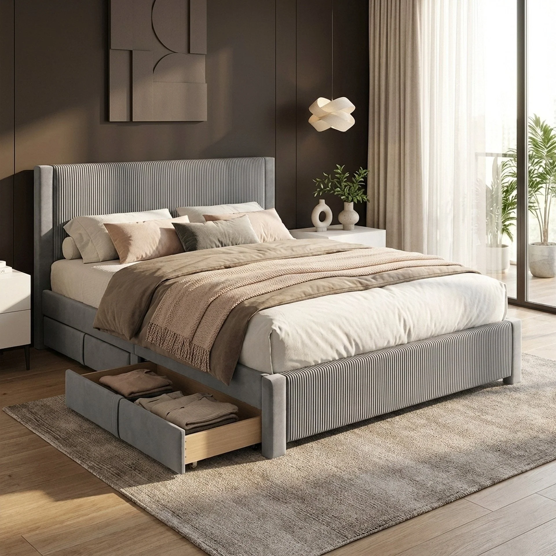 Gower Velvet Super King Bed Frame with 4 Drawers - Grey