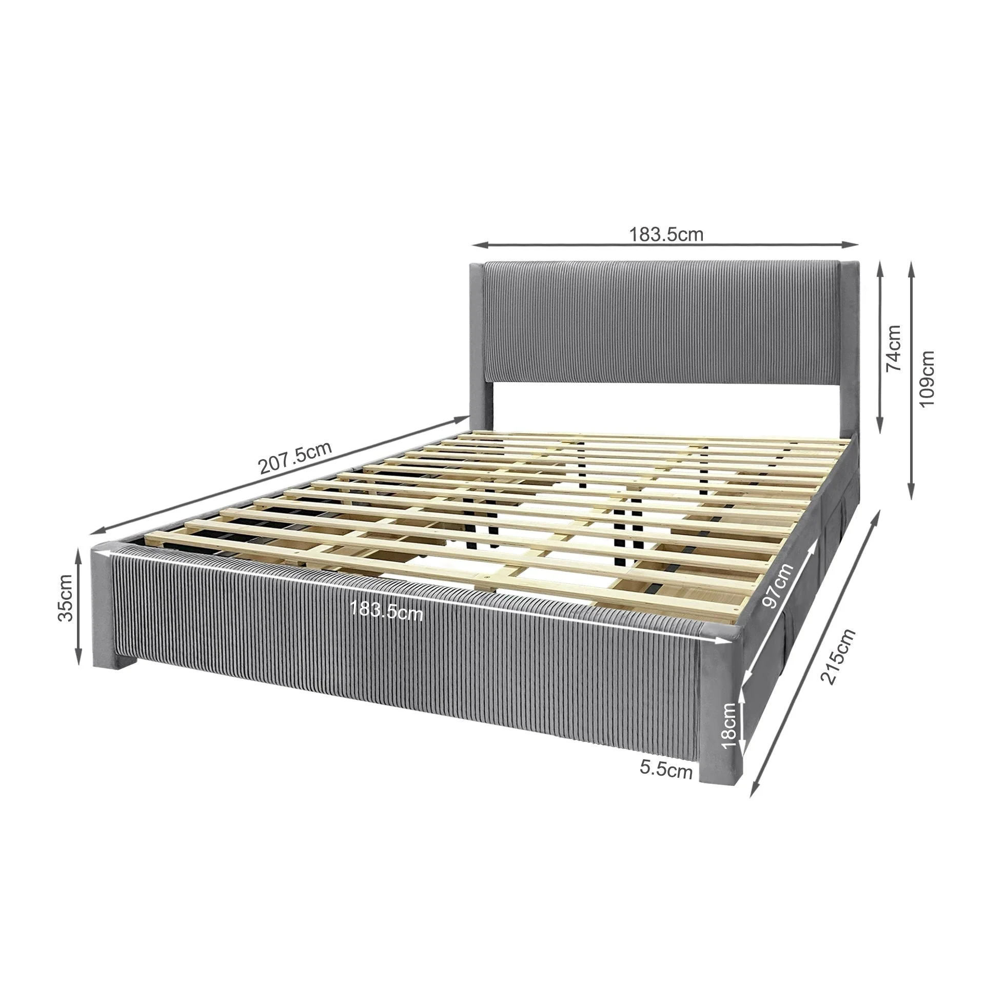 Gower Velvet Super King Bed Frame with 4 Drawers - Grey - Image 14