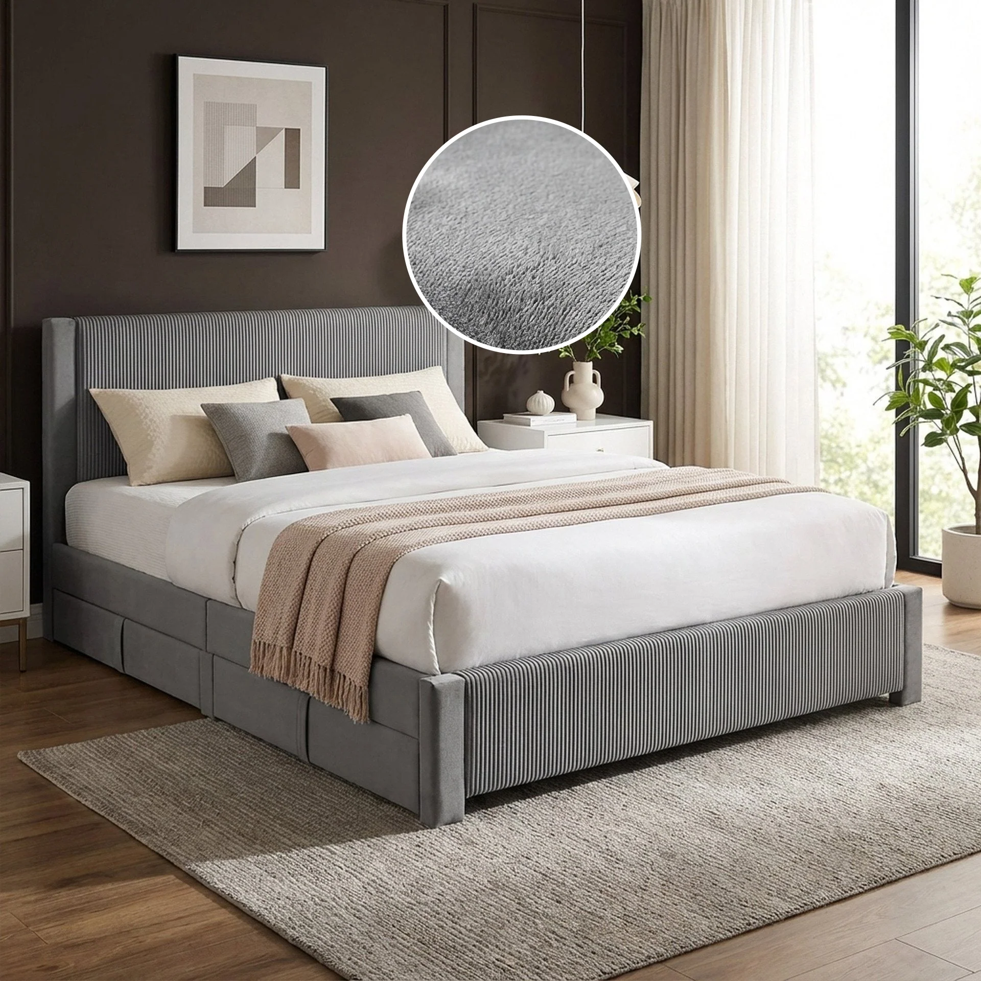 Gower Velvet Super King Bed Frame with 4 Drawers - Grey - Image 2