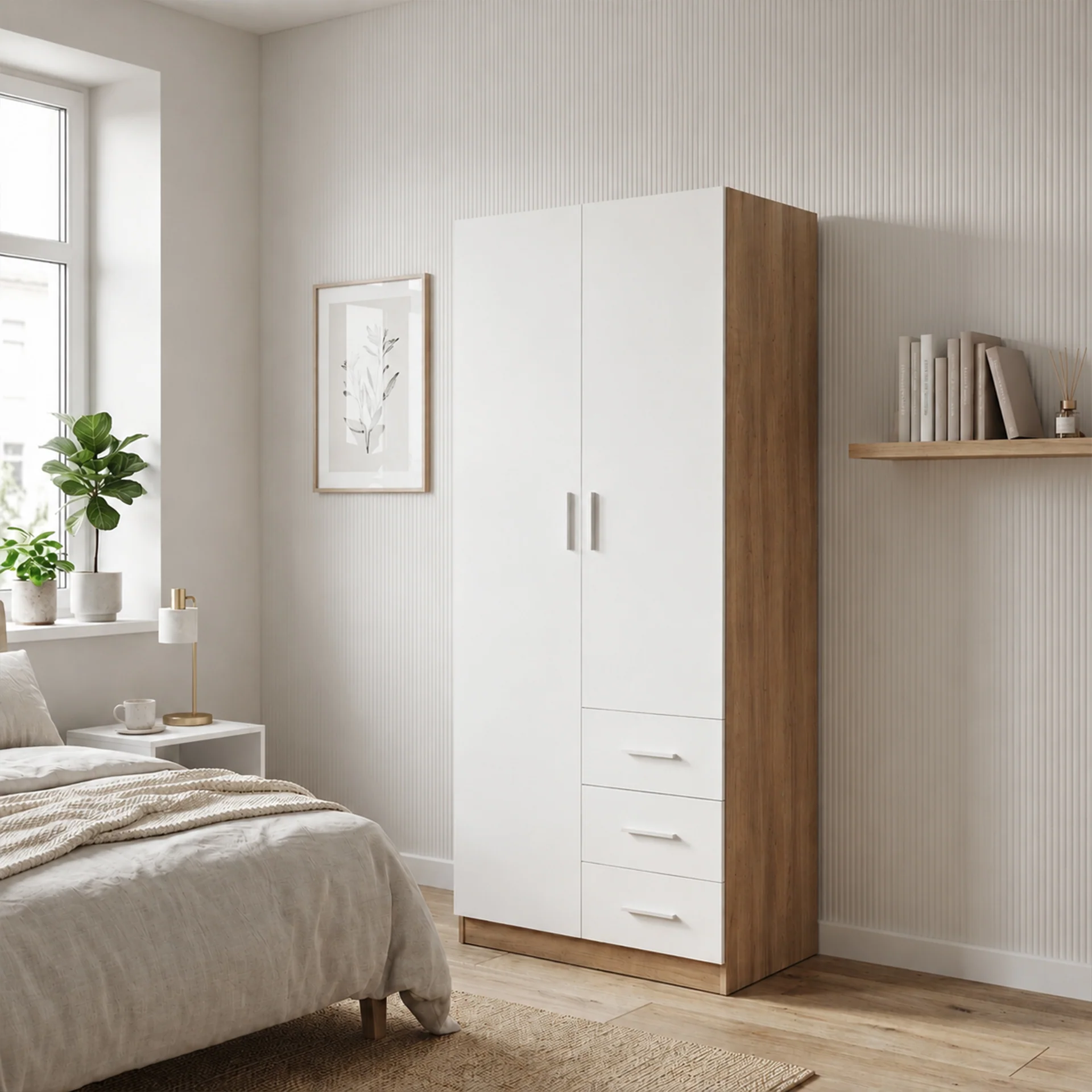 Harris 2 Door Wardrobe with 3 Drawers - Oak + White - Image 4