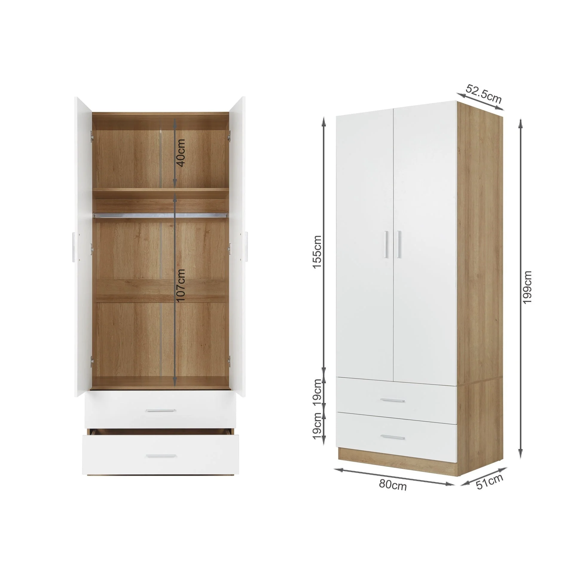 Harris 2 Door Wardrobe with Drawers - Oak + White - Image 11