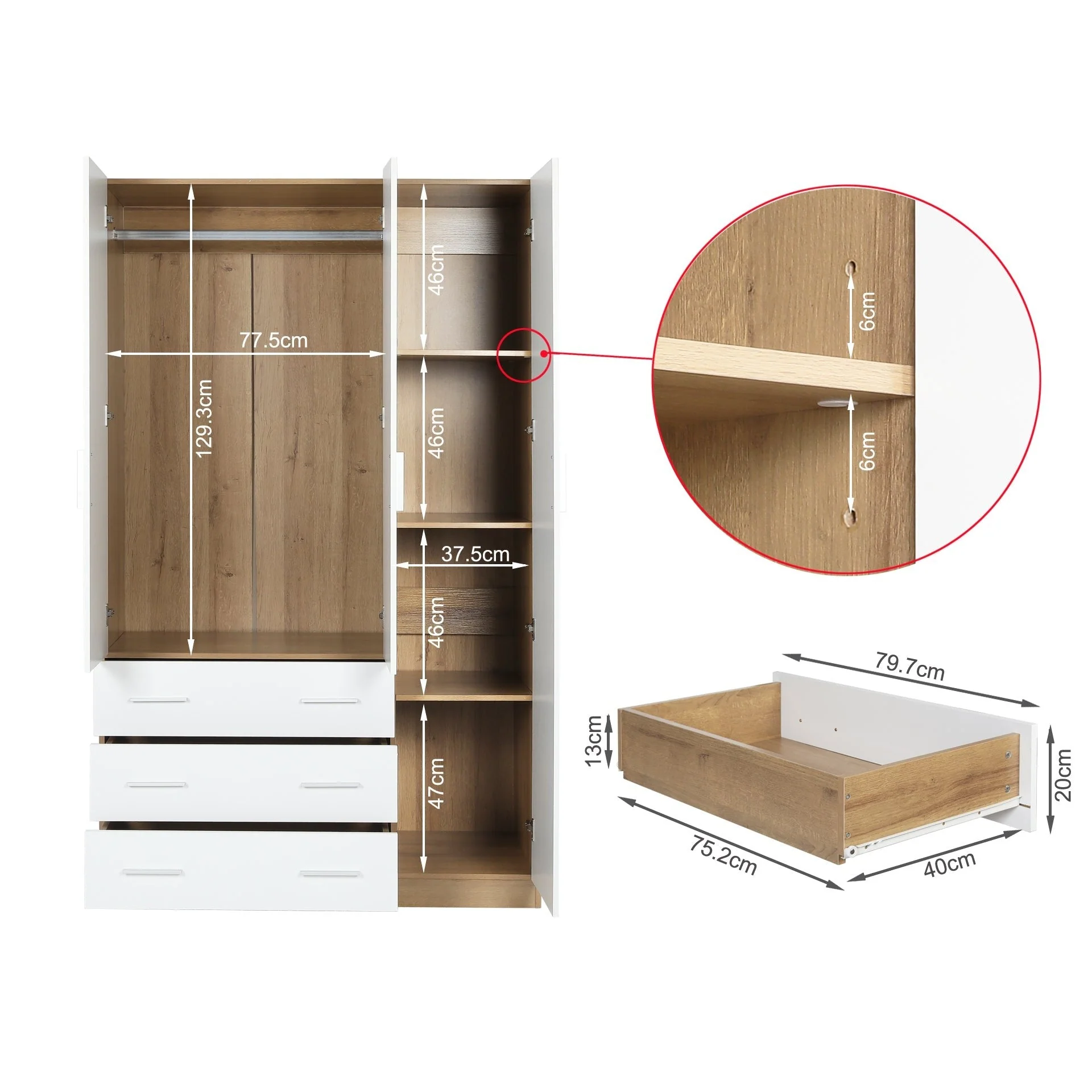 Harris 3 Door Wardrobe with 3 Drawers - Oak + White - Image 10
