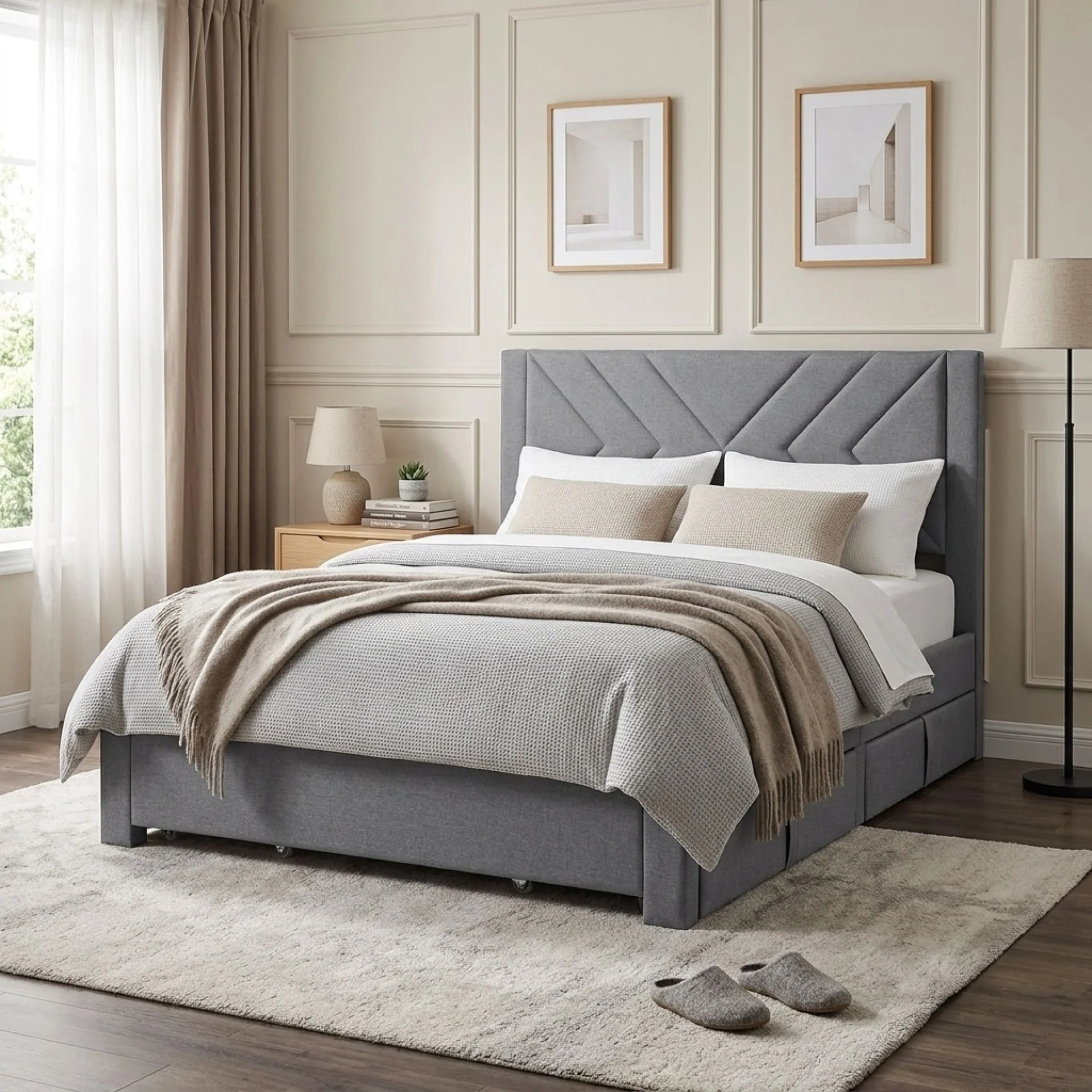 Haydon Double Fabric Bed Frame with 4 Drawers - Light Grey