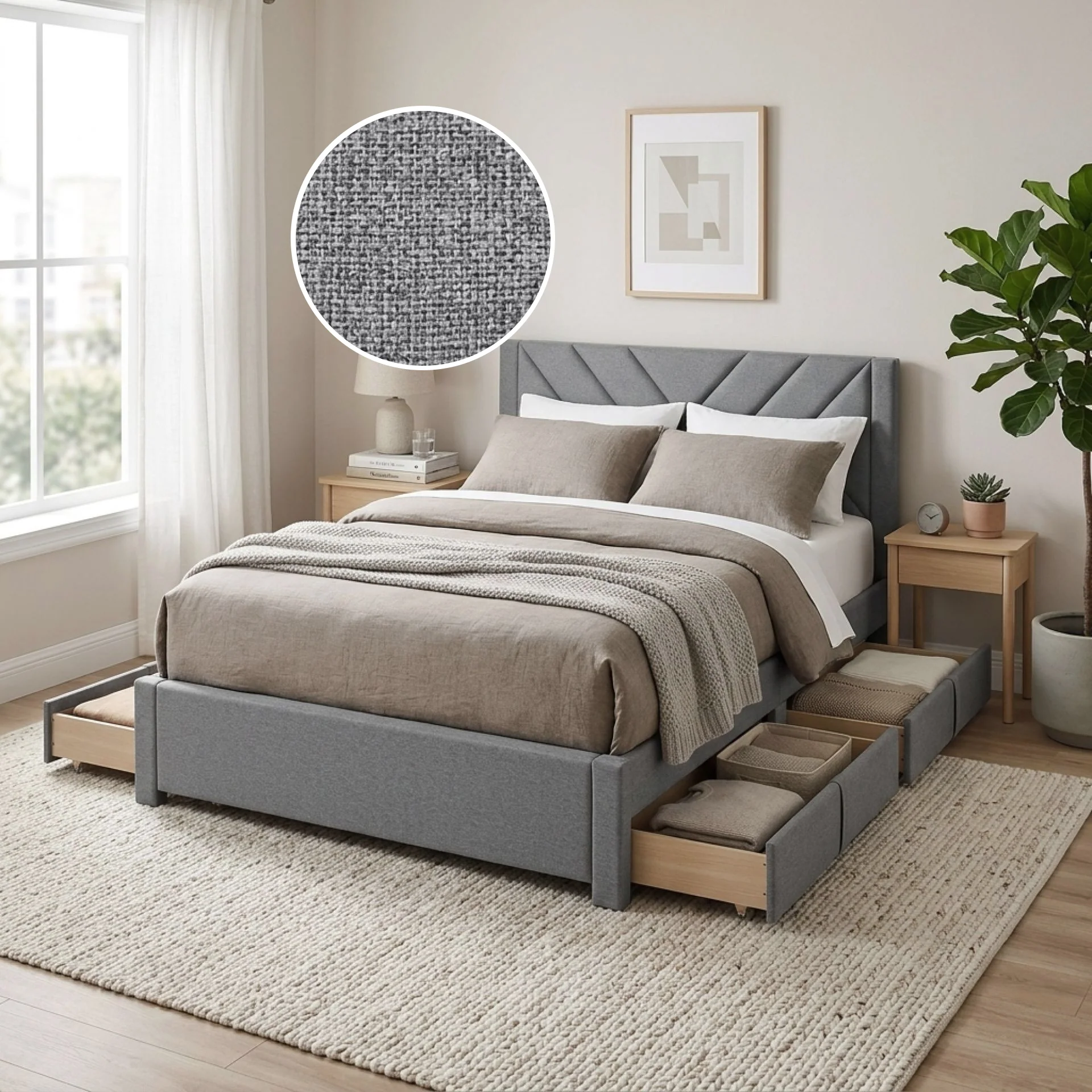 Haydon Double Fabric Bed Frame with 4 Drawers - Light Grey - Image 2