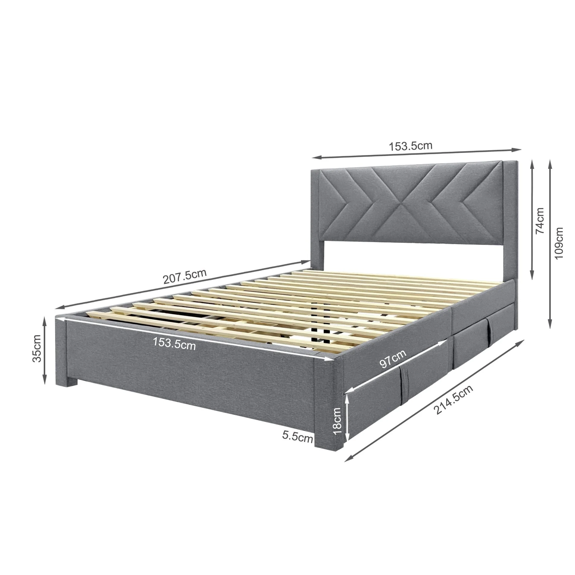 Haydon Queen Fabric Bed Frame with 4 Drawers - Light Grey - Image 12