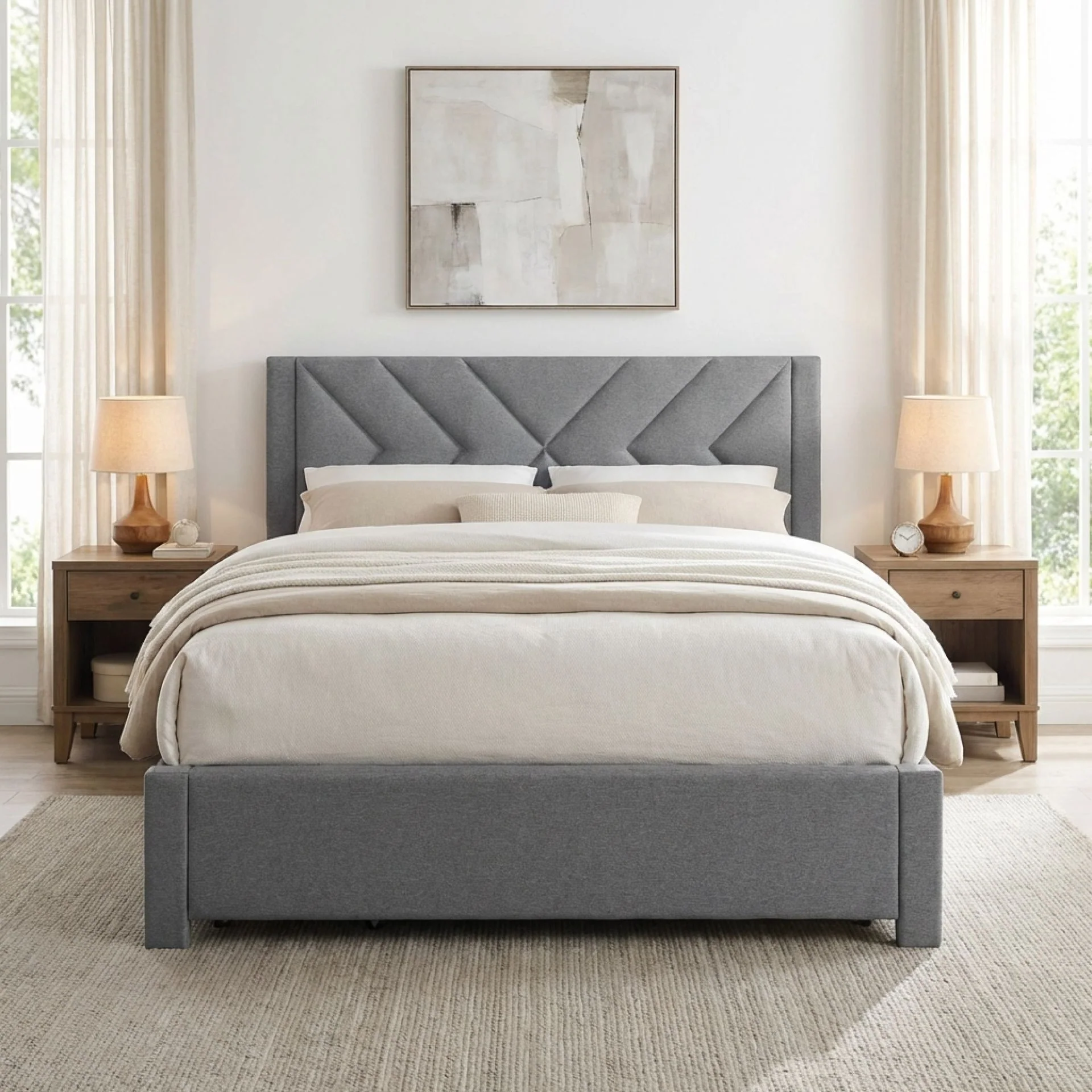 Haydon Queen Fabric Bed Frame with 4 Drawers - Light Grey - Image 2