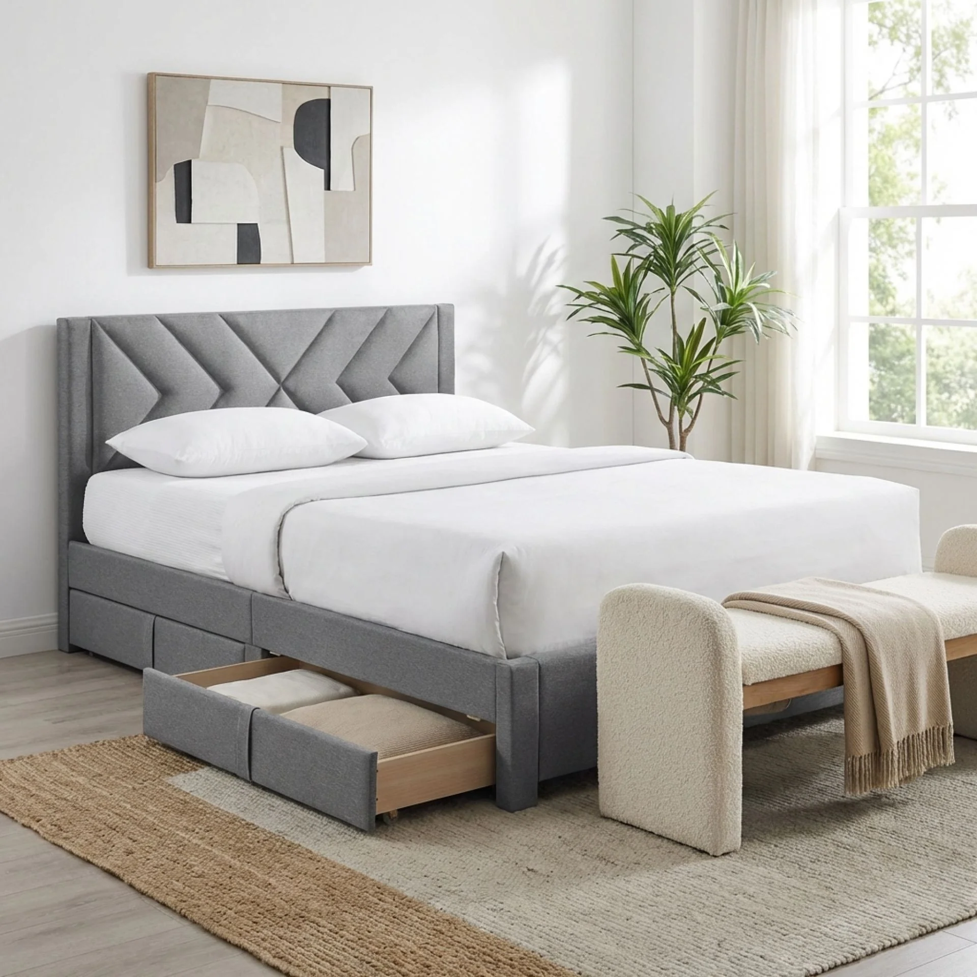 Haydon Queen Fabric Bed Frame with 4 Drawers - Light Grey - Image 3