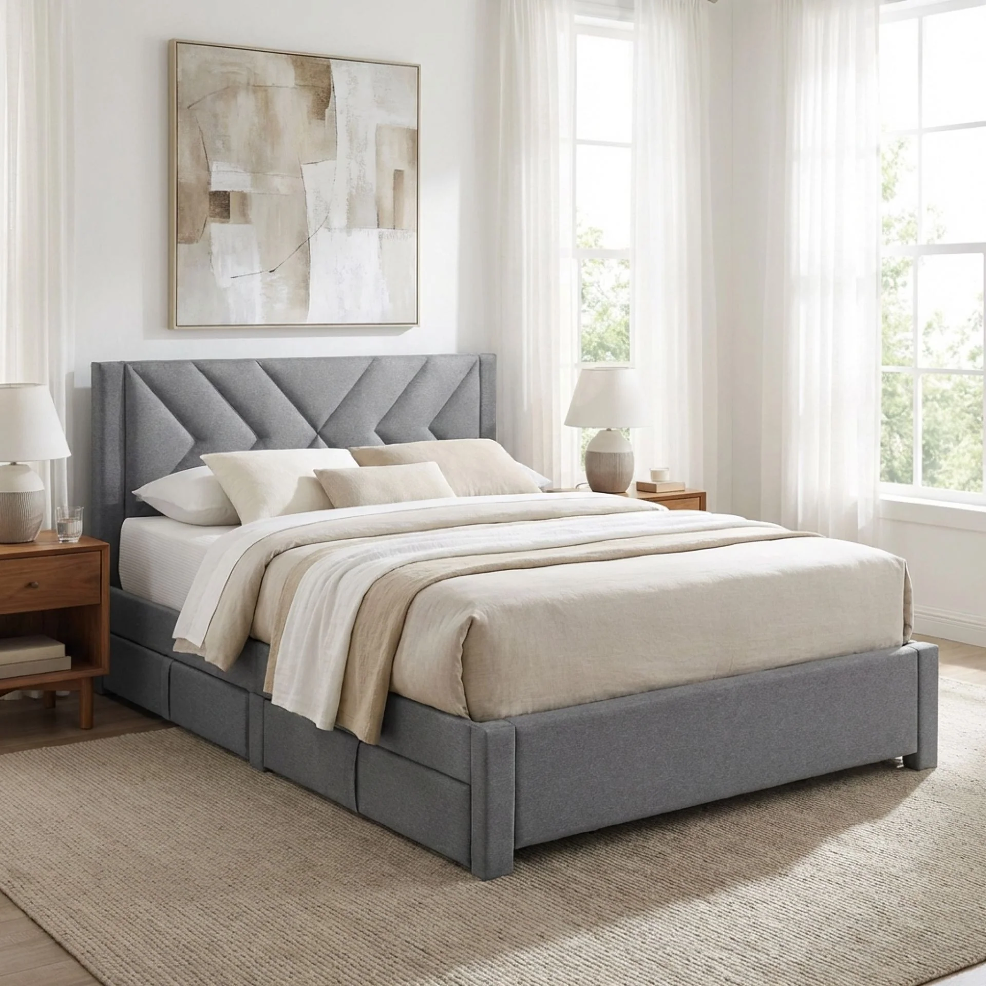 Haydon Queen Fabric Bed Frame with 4 Drawers - Light Grey - Image 4