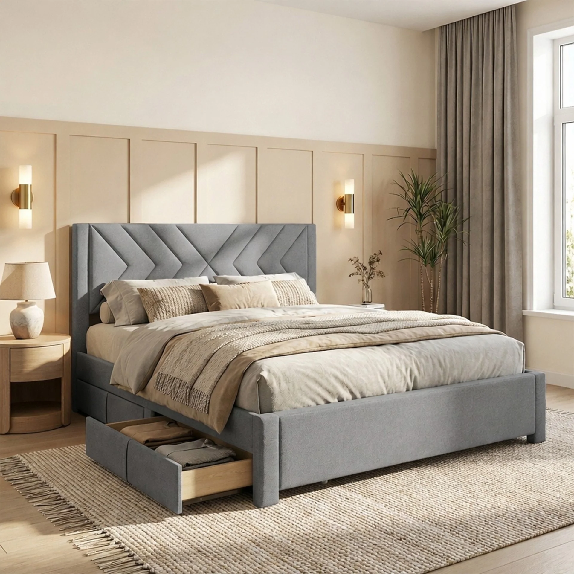 Haydon Super King Fabric Bed Frame with 4 Drawers - Light Grey