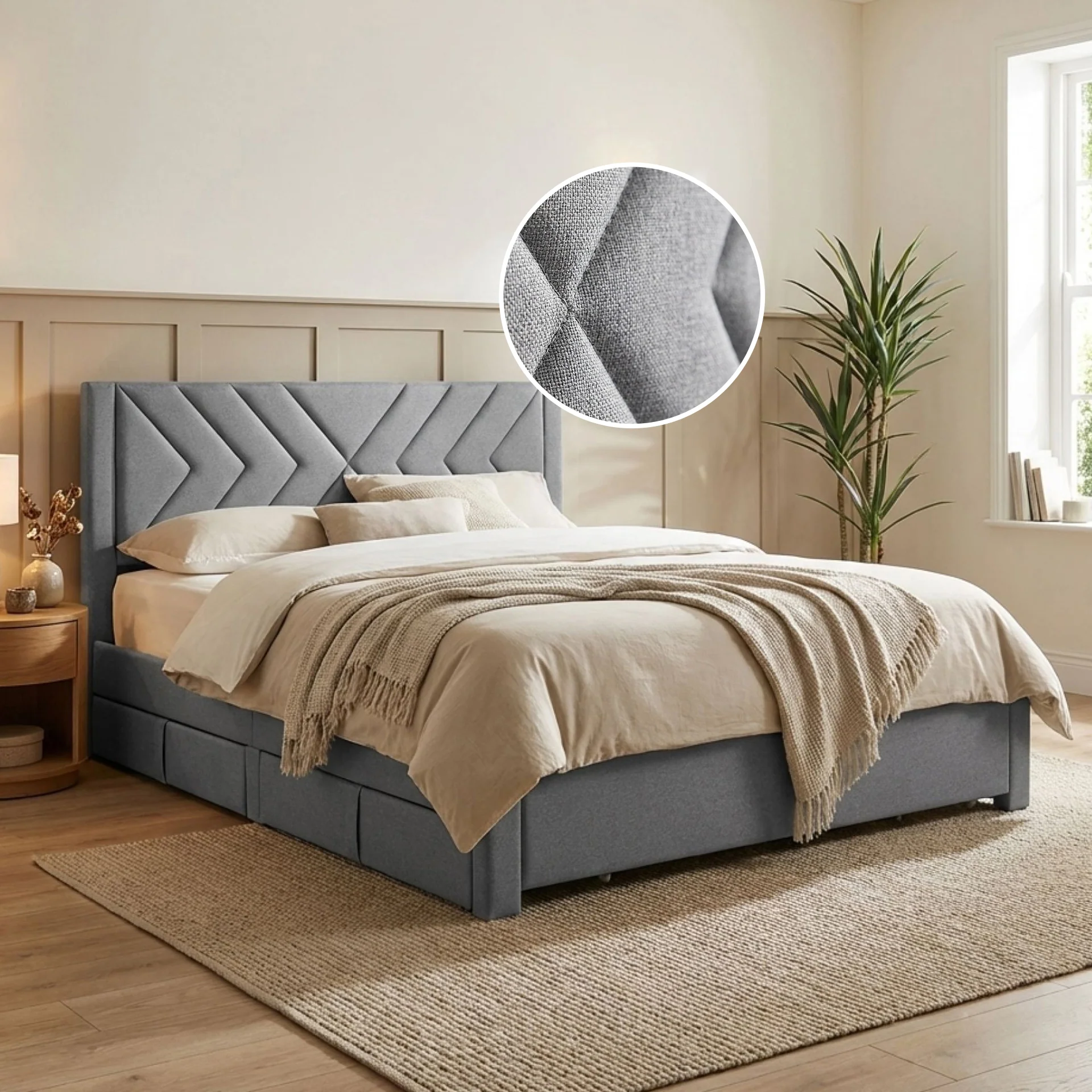 Haydon Super King Fabric Bed Frame with 4 Drawers - Light Grey - Image 2