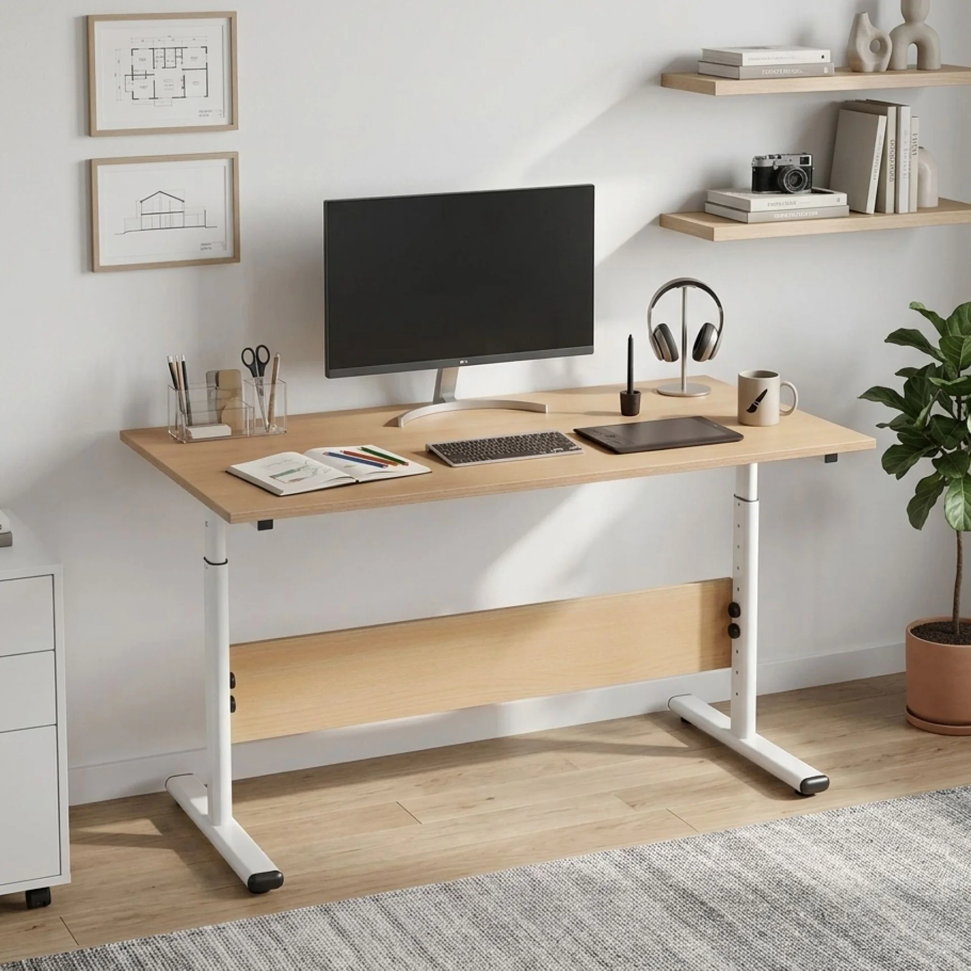 Hector 120cm Height-Adjustable Computer Desk - Maple + White - Image 2