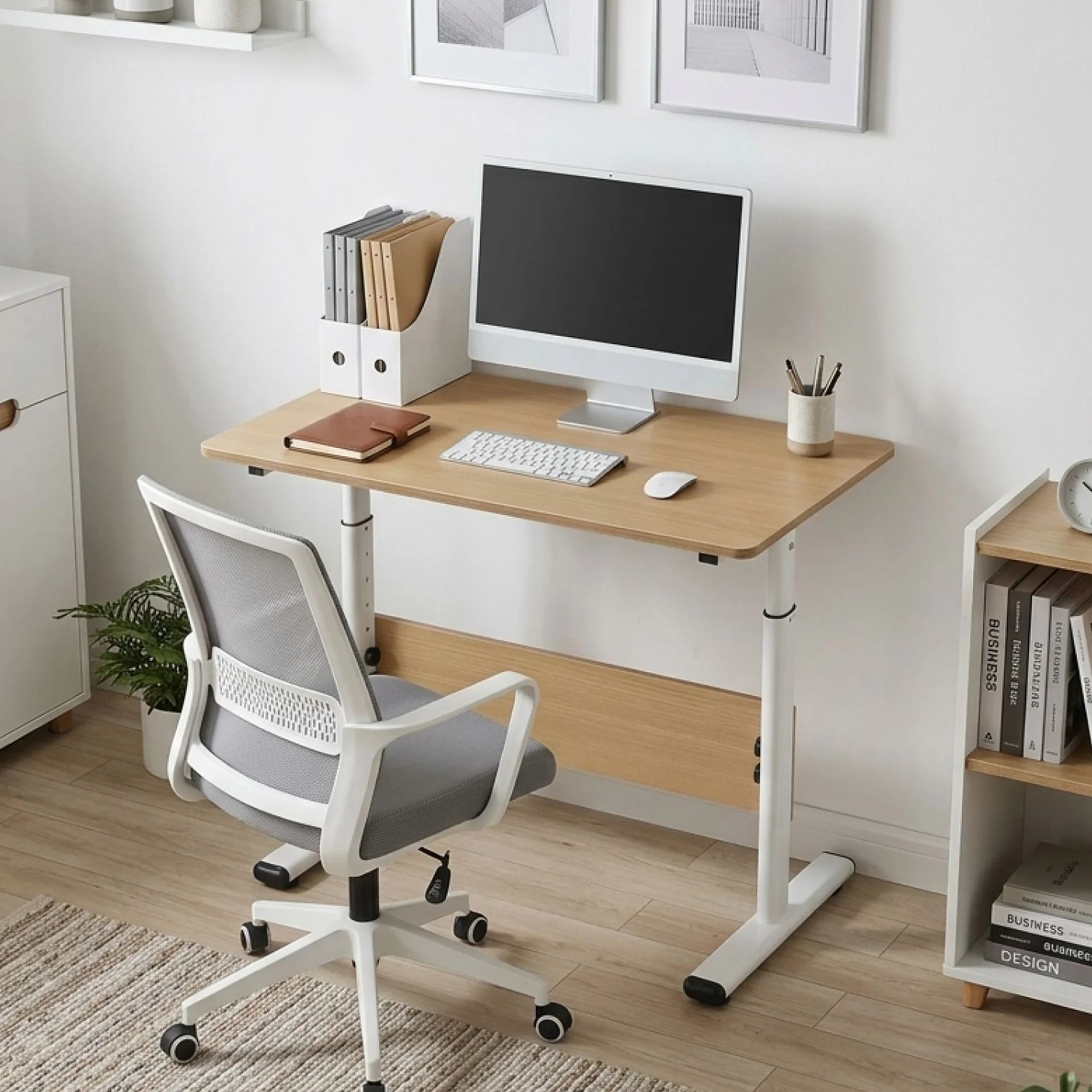 Hector 80cm Height-Adjustable Computer Desk - Maple + White - Image 2