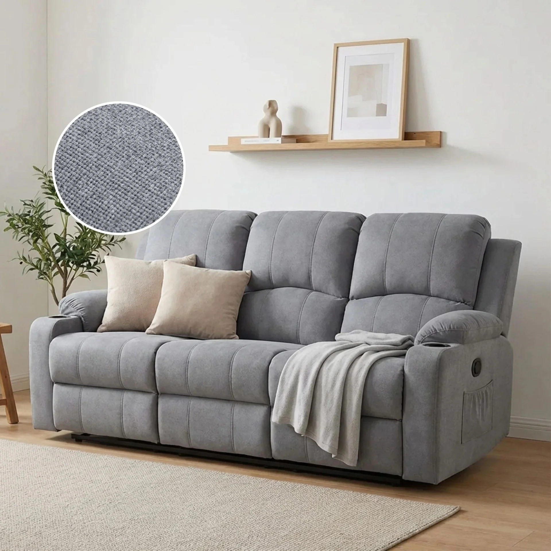 Henley Fabric Electric 3 Seater Recliner Sofa - Grey - Image 3