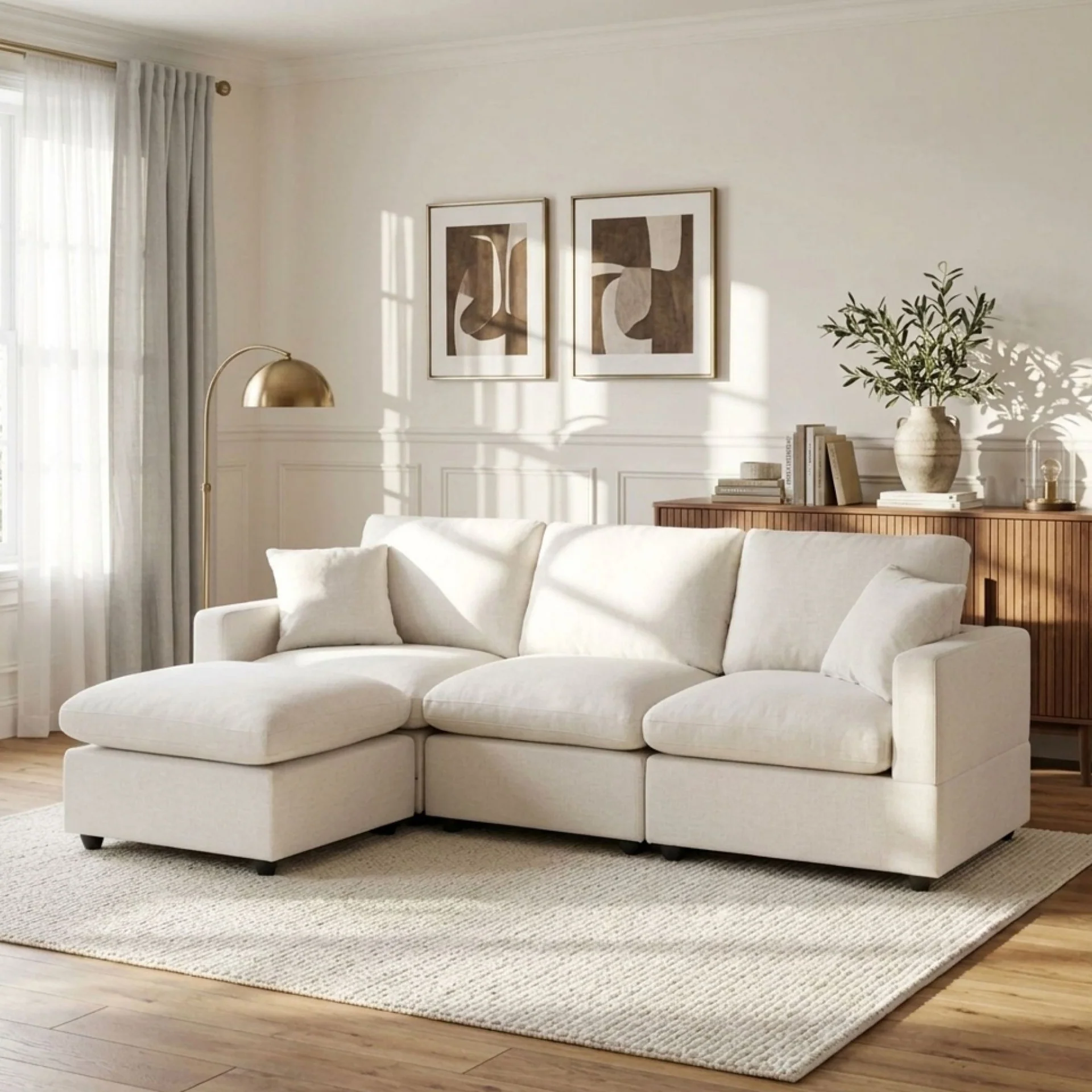 Hexham 3 Seater Modular Sofa with Ottoman - Linen Cream