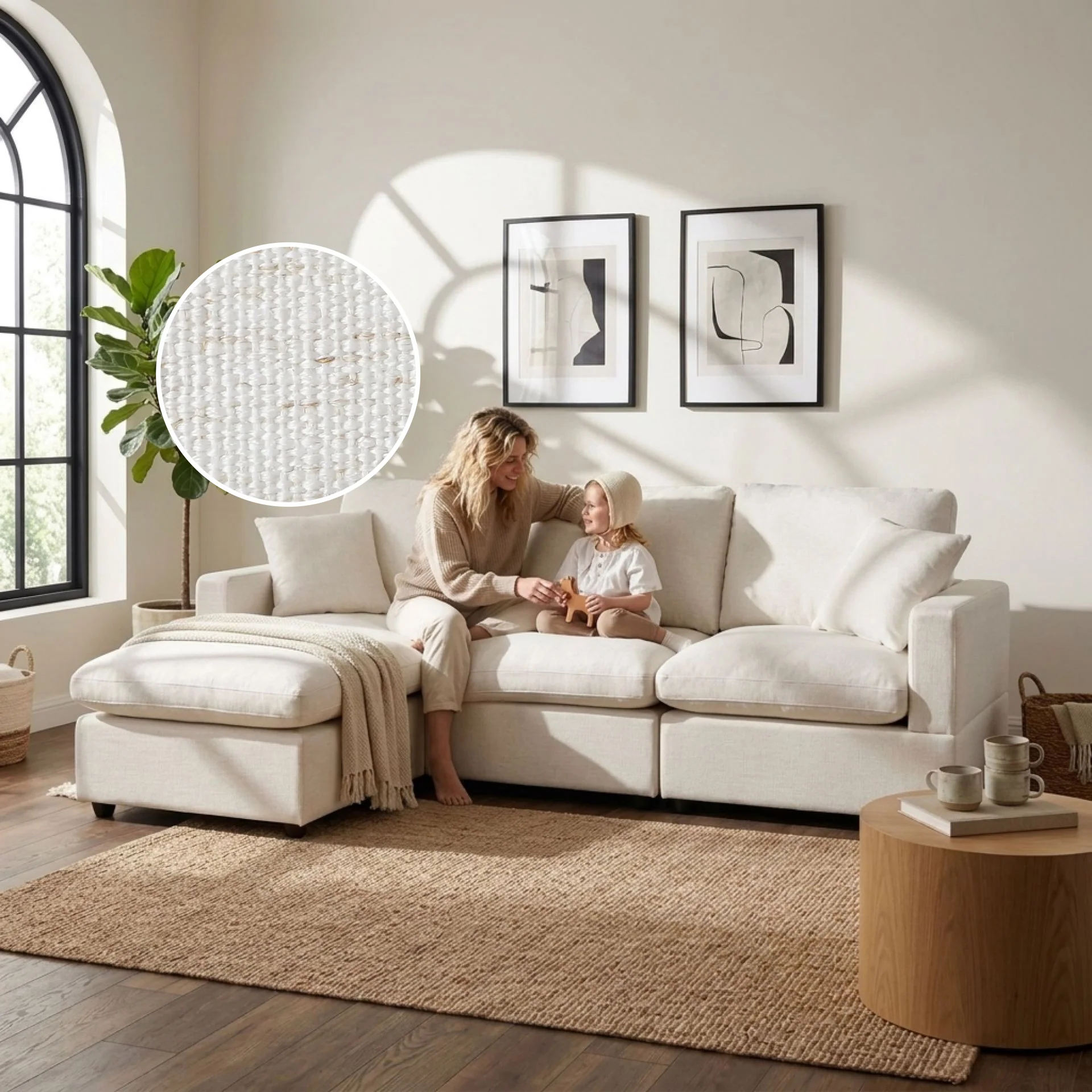 Hexham 3 Seater Modular Sofa with Ottoman - Linen Cream - Image 2