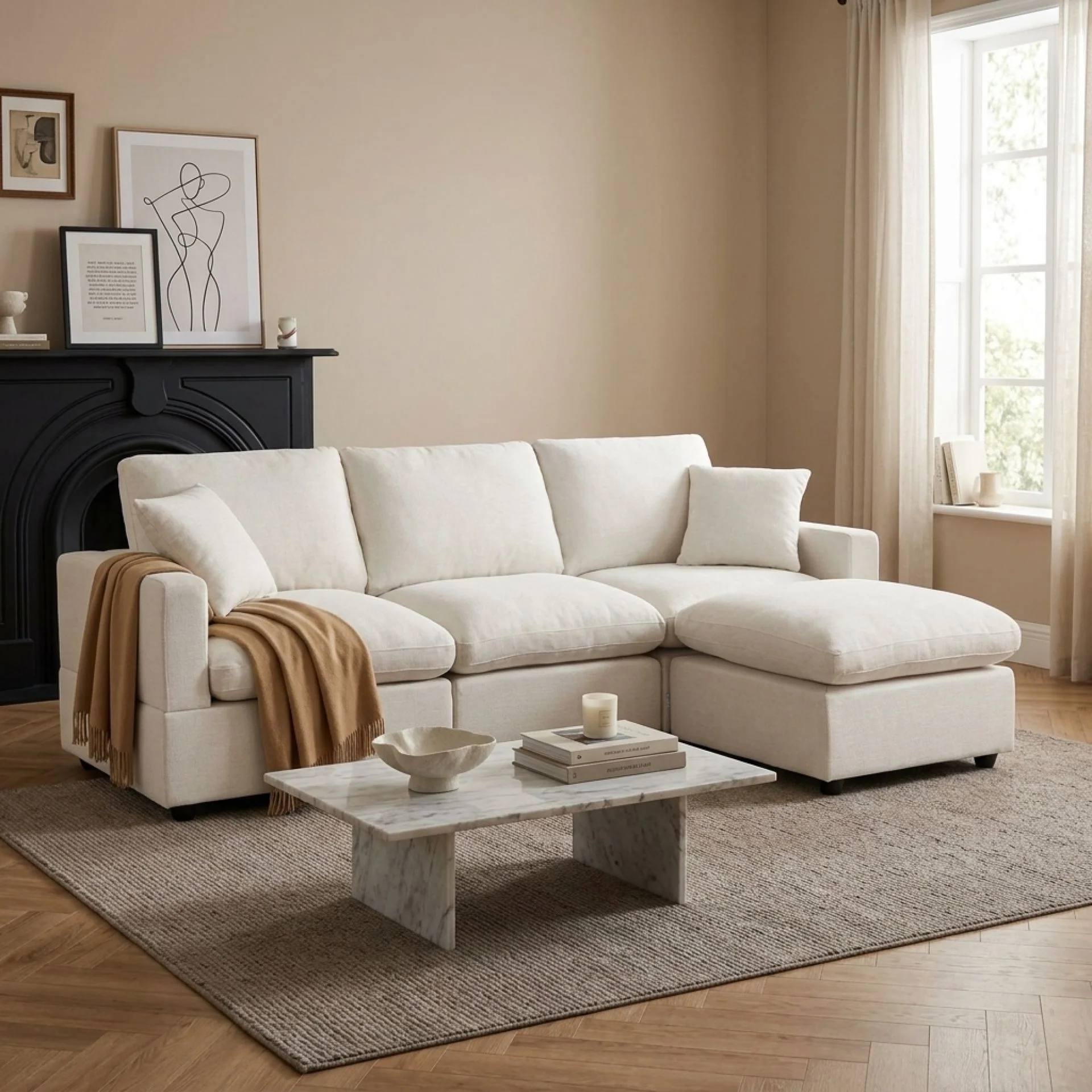 Hexham 3 Seater Modular Sofa with Ottoman - Linen Cream - Image 3