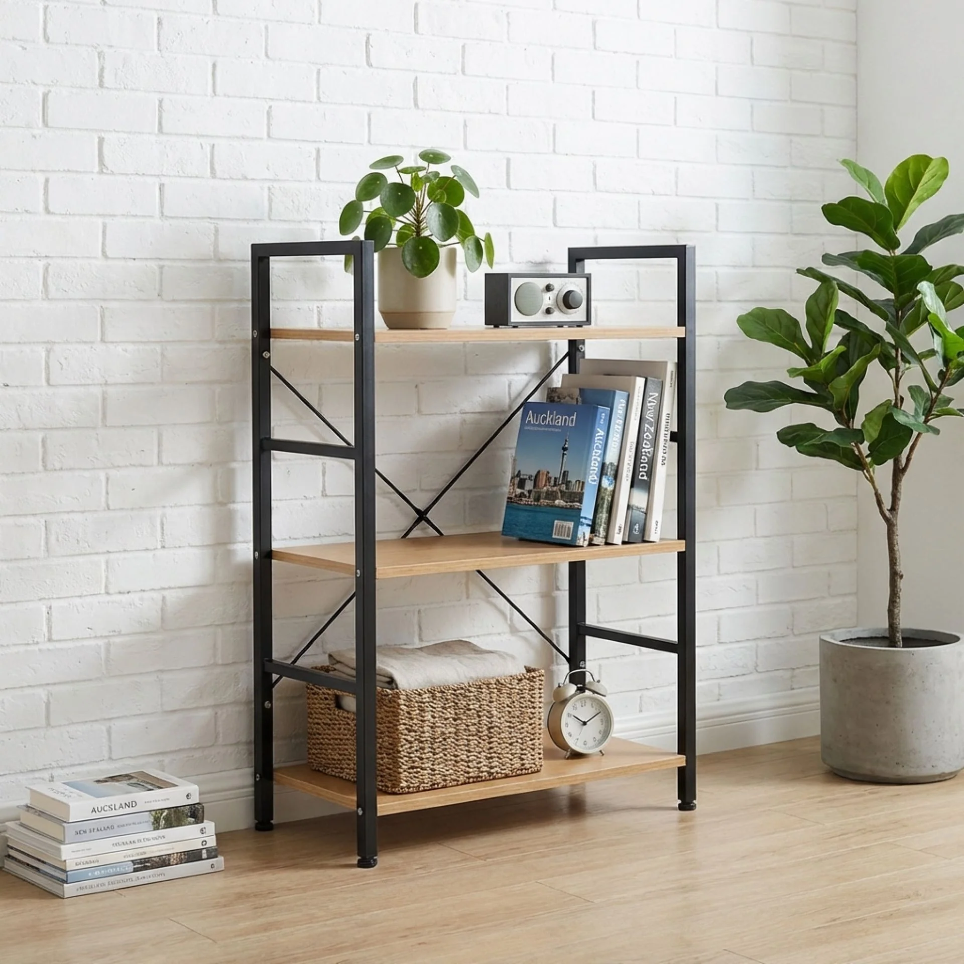 Hikuai 3 Tier Bookshelf - Natural + Black - Image 2