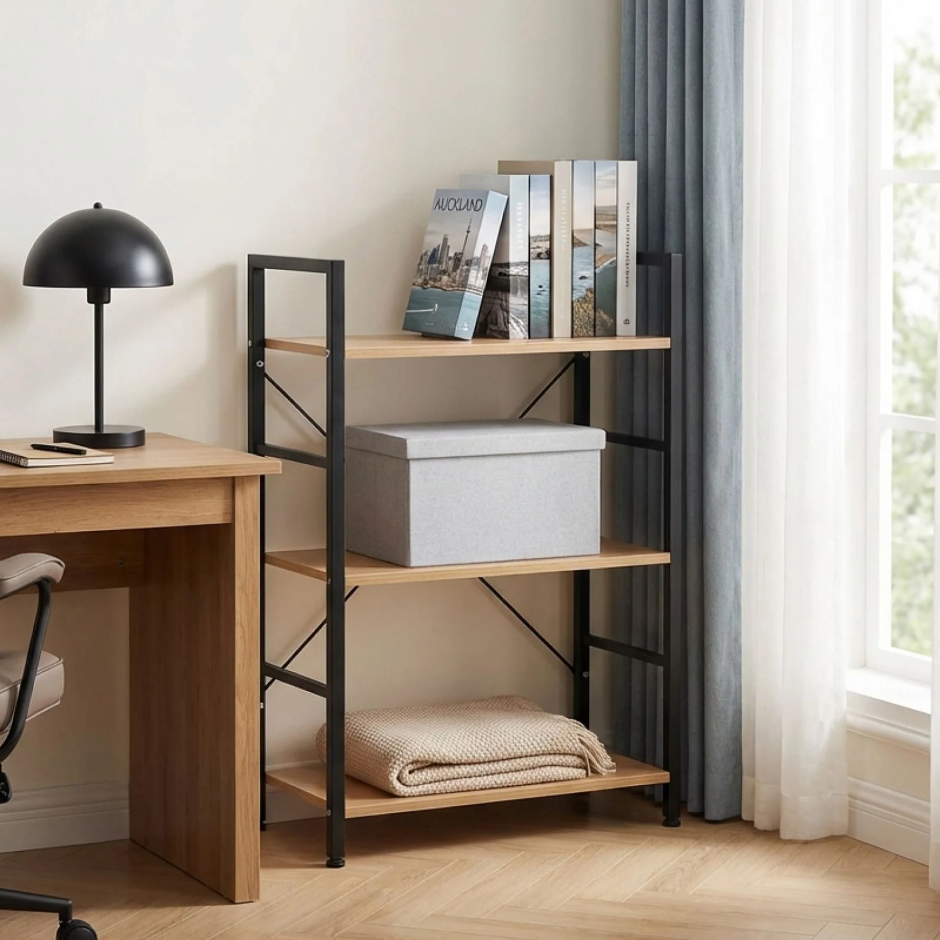 Hikuai 3 Tier Bookshelf - Natural + Black - Image 3