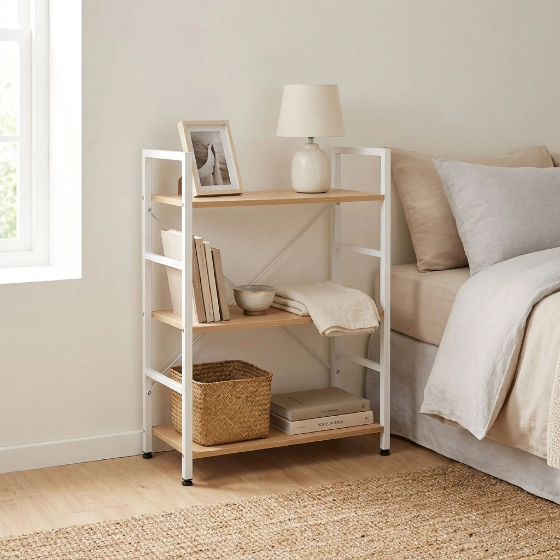 Hikuai 3 Tier Bookshelf - Natural + White - Image 3