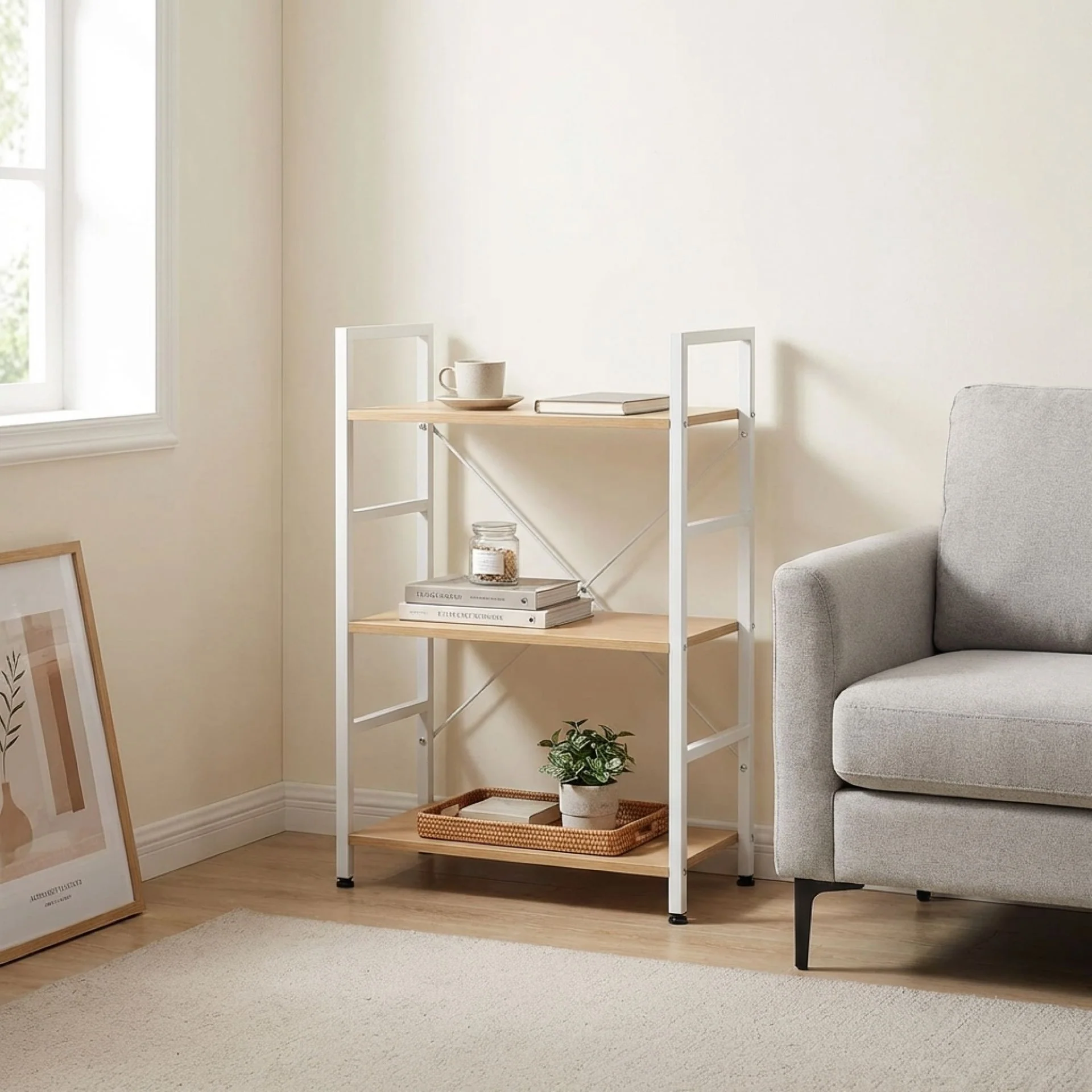 Hikuai 3 Tier Bookshelf - Natural + White - Image 4