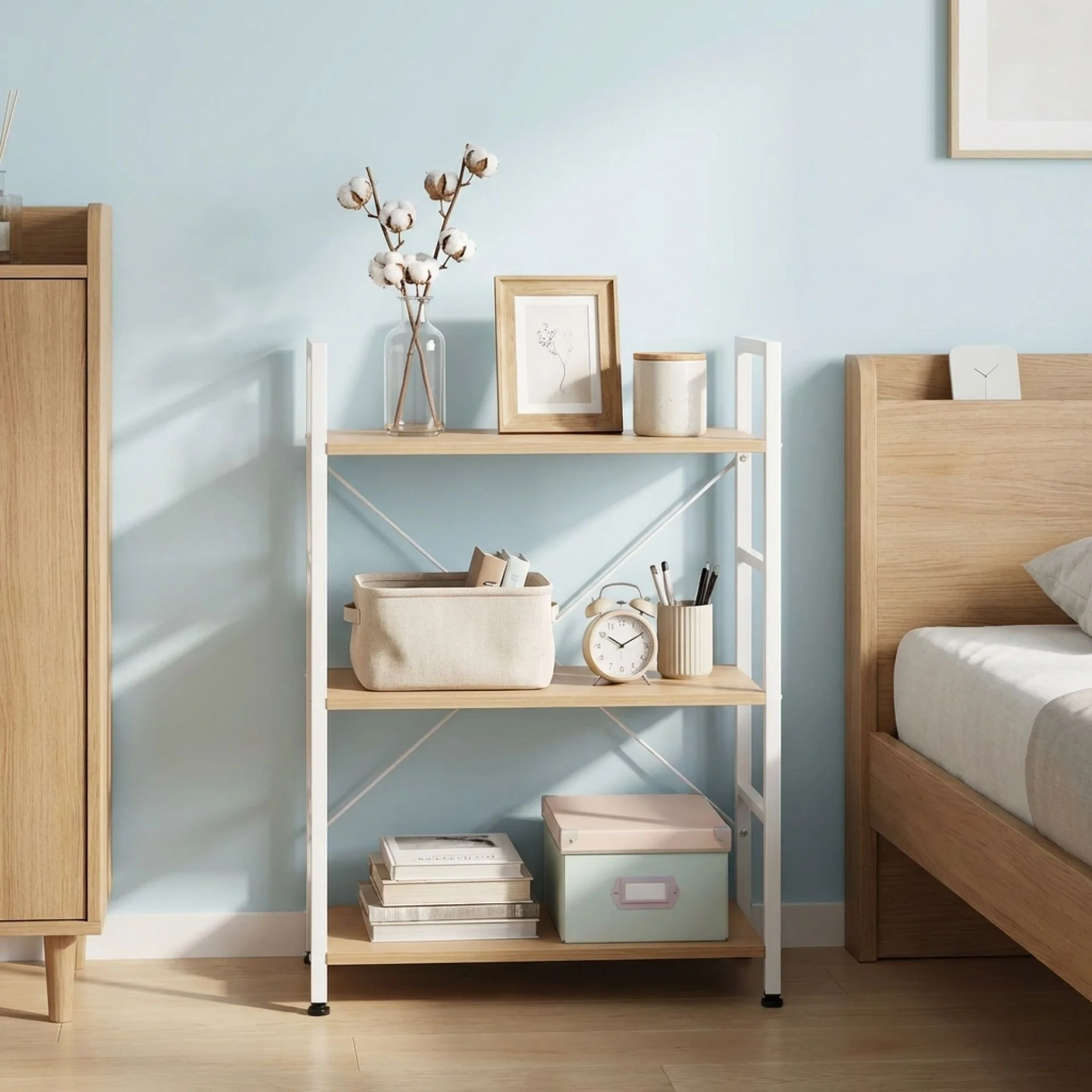 Hikuai 3 Tier Bookshelf - Natural + White - Image 5