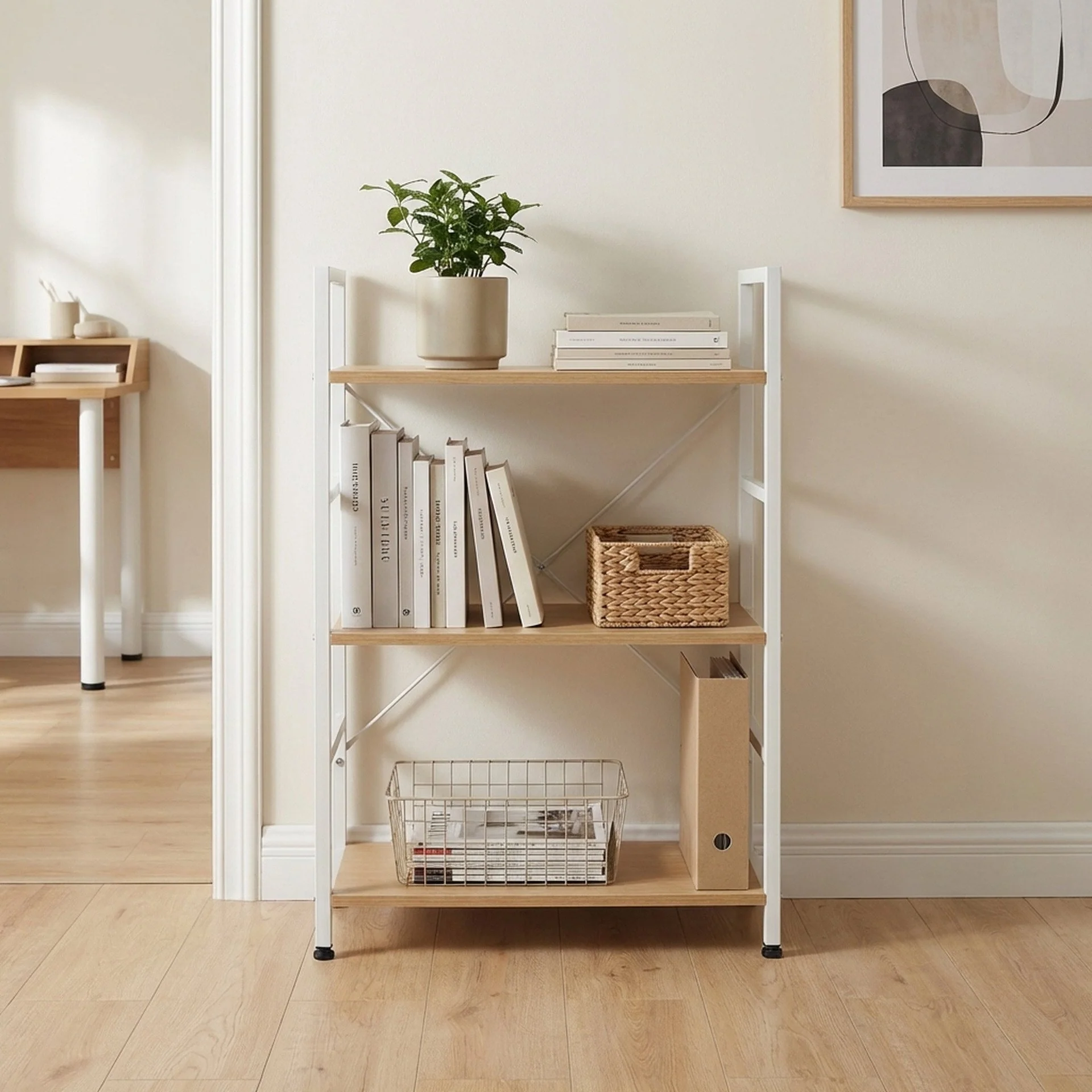 Hikuai 3 Tier Bookshelf - Natural + White - Image 6