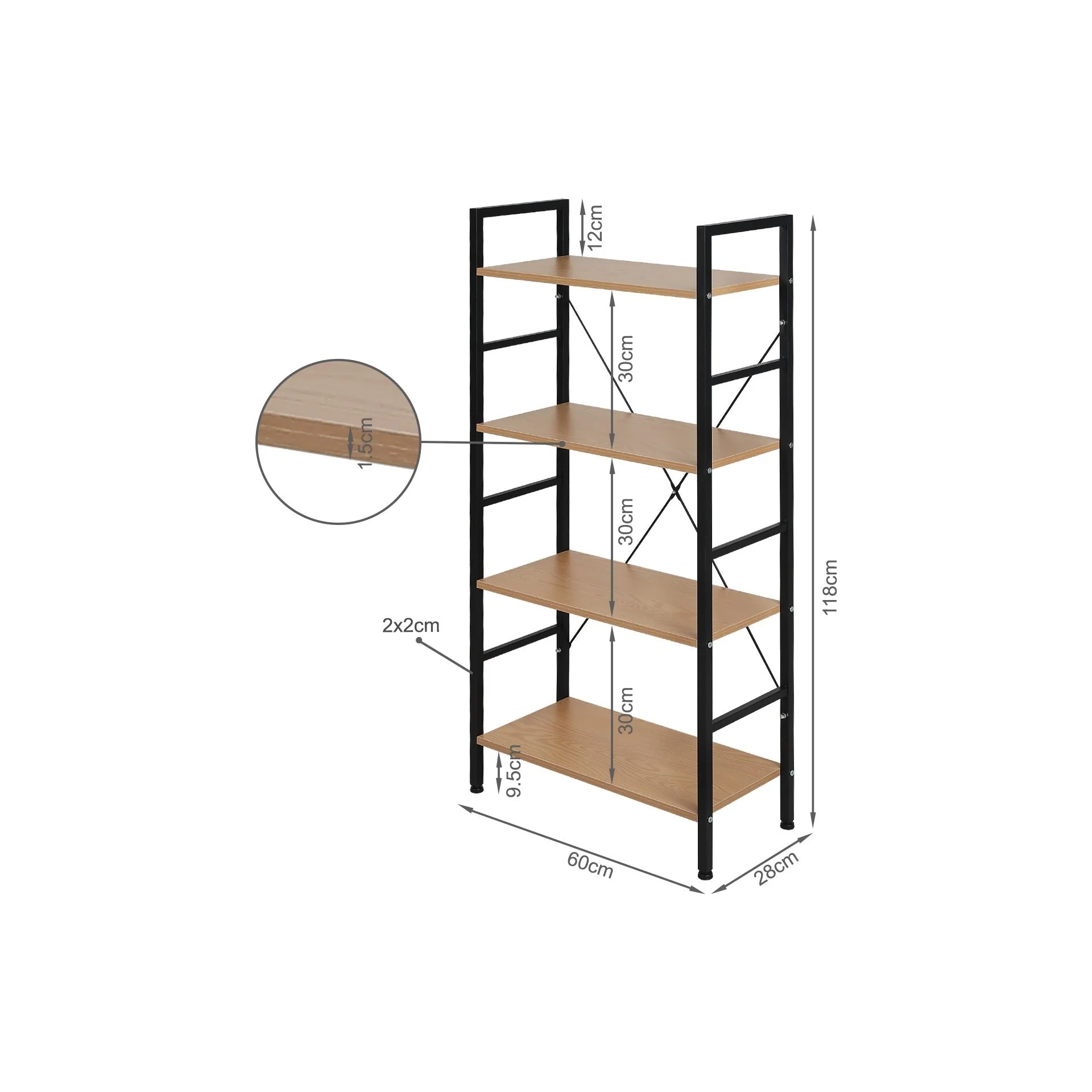 Hikuai 4 Tier Bookshelf - Natural + Black - Image 10