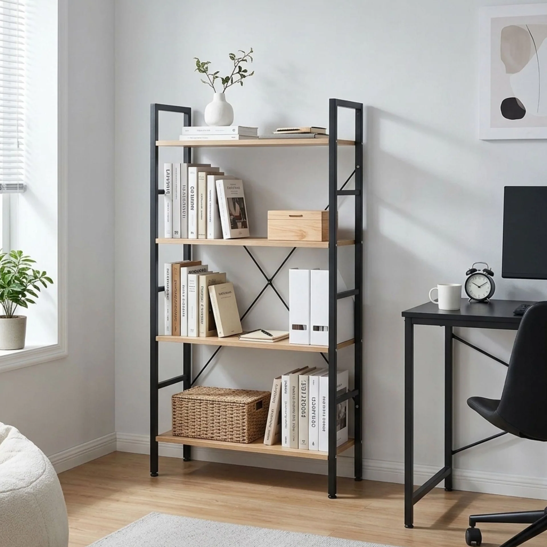 Hikuai 4 Tier Bookshelf - Natural + Black - Image 4