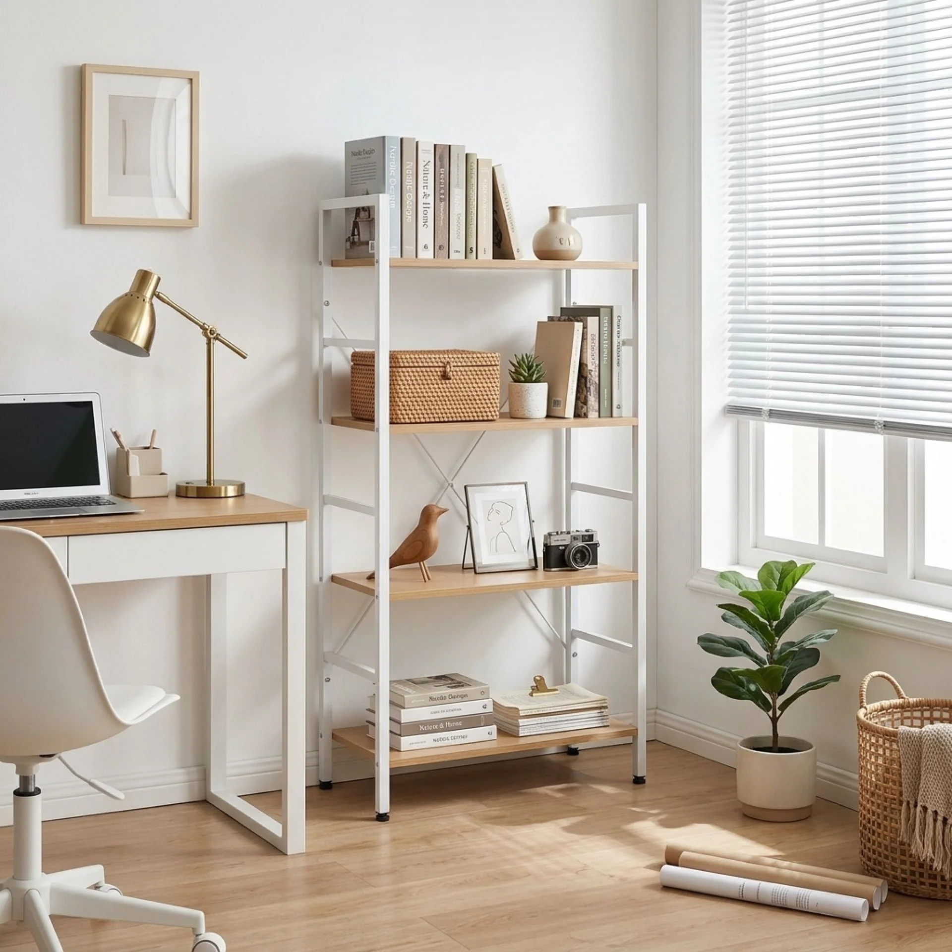 Hikuai 4 Tier Bookshelf - Natural + White - Image 3