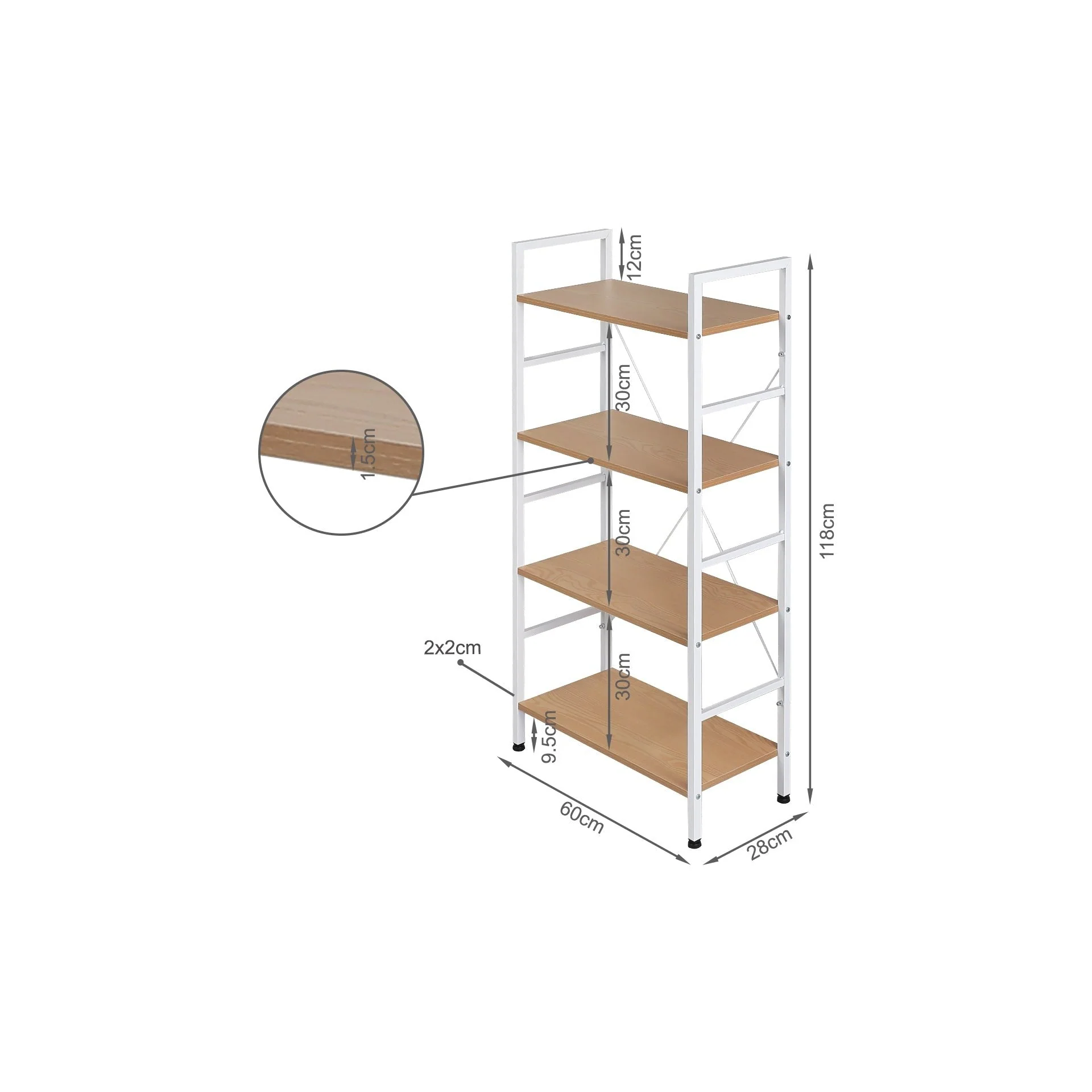 Hikuai 4 Tier Bookshelf - Natural + White - Image 9
