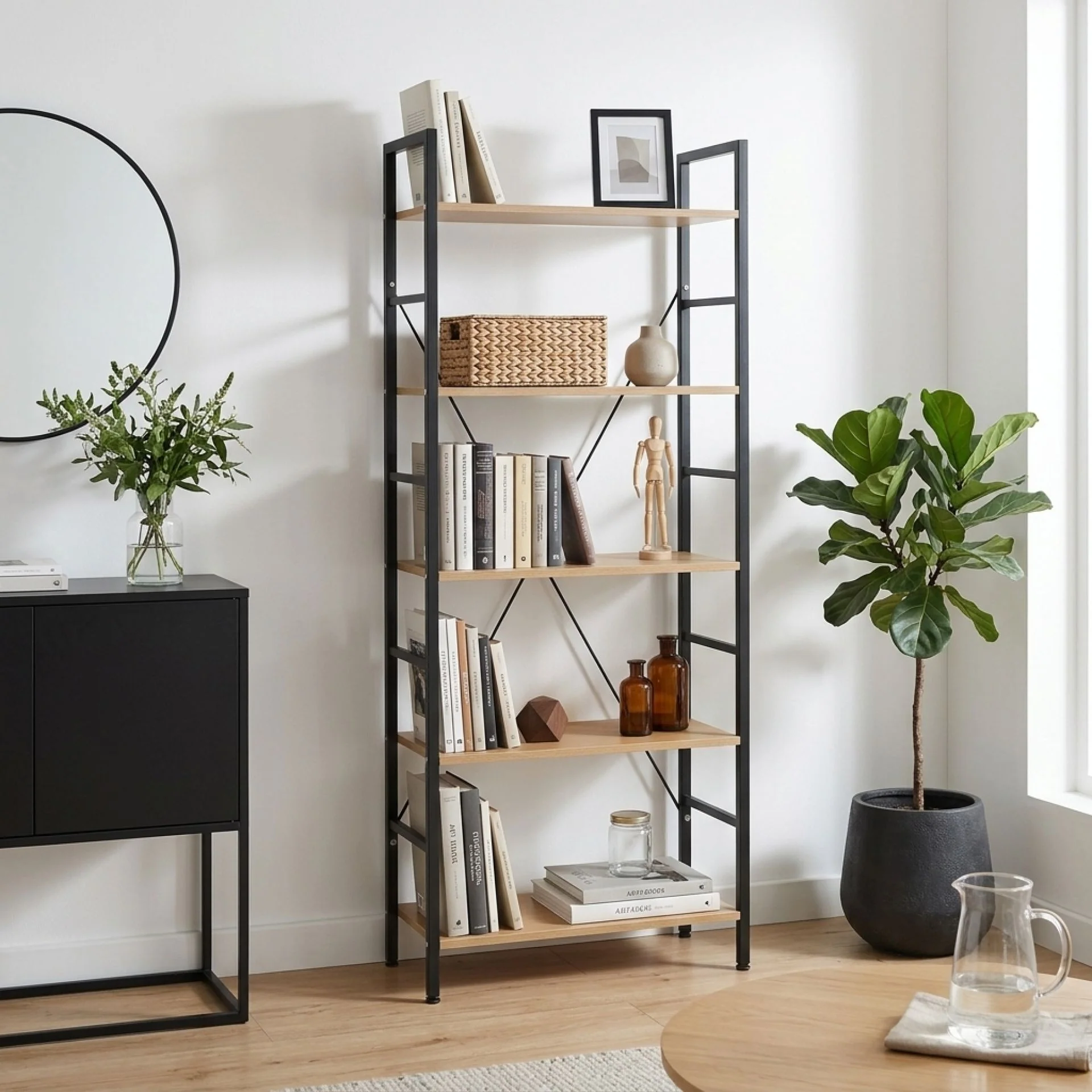 Hikuai 5 Tier Bookshelf - Natural + Black - Image 3